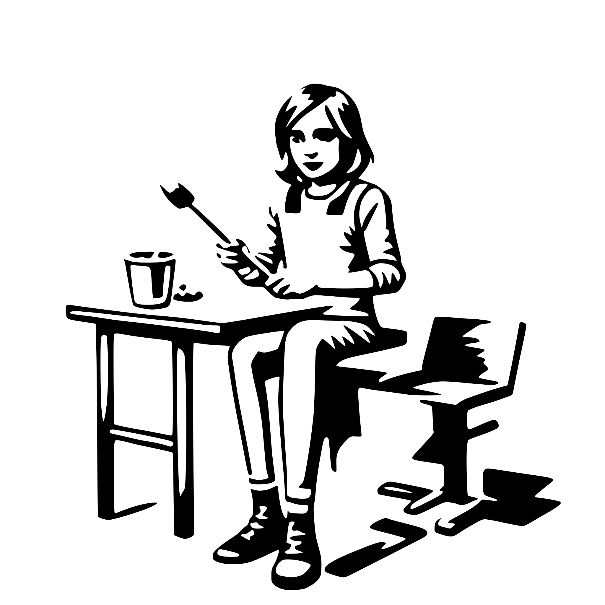 The SVG depicts a stylized black and white illustration of a person sitting at a table. The person appears to be engaged in an activity, possibly drawing or painting, as suggested by the presence of a brush in their hand. The table has a bowl on it, which might contain paint or other drawing materials. The person is wearing a long-sleeved shirt and pants, and their legs are crossed. The chair they are sitting on has a simple design with a backrest. The overall scene suggests a quiet, focused moment of artistic creation. 