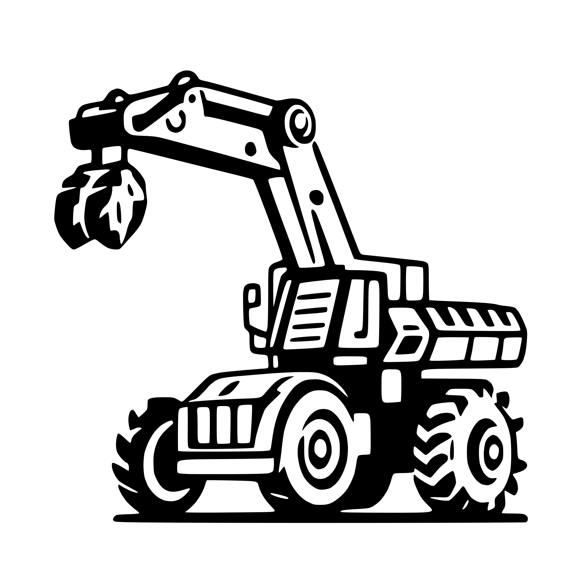 AI-generated SVG of a icon of a Ponsse tree harvester with eight wheels and a harvester head