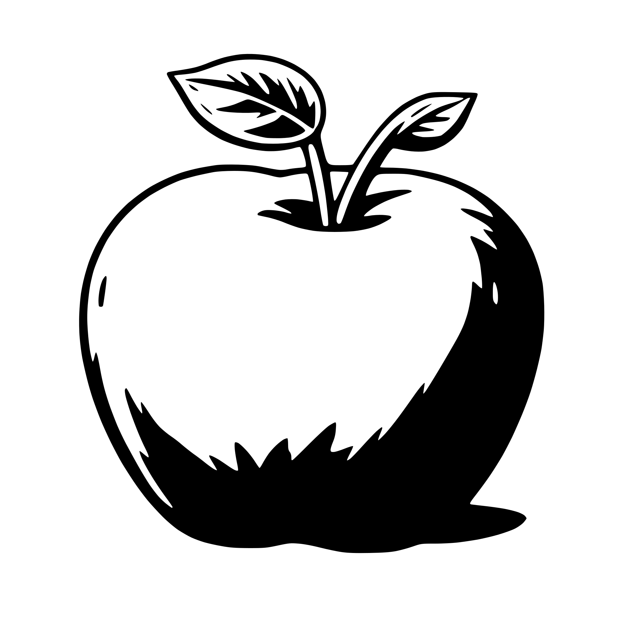The SVG shows a simple line drawing of an apple with a stem. The apple is depicted with a smooth surface and a small stem with two leaves attached to it. The leaves are drawn with a single curved line to represent the outline of the leaf. The apple is centered in the SVG, and there is no interaction between the objects as it is a static SVG. 