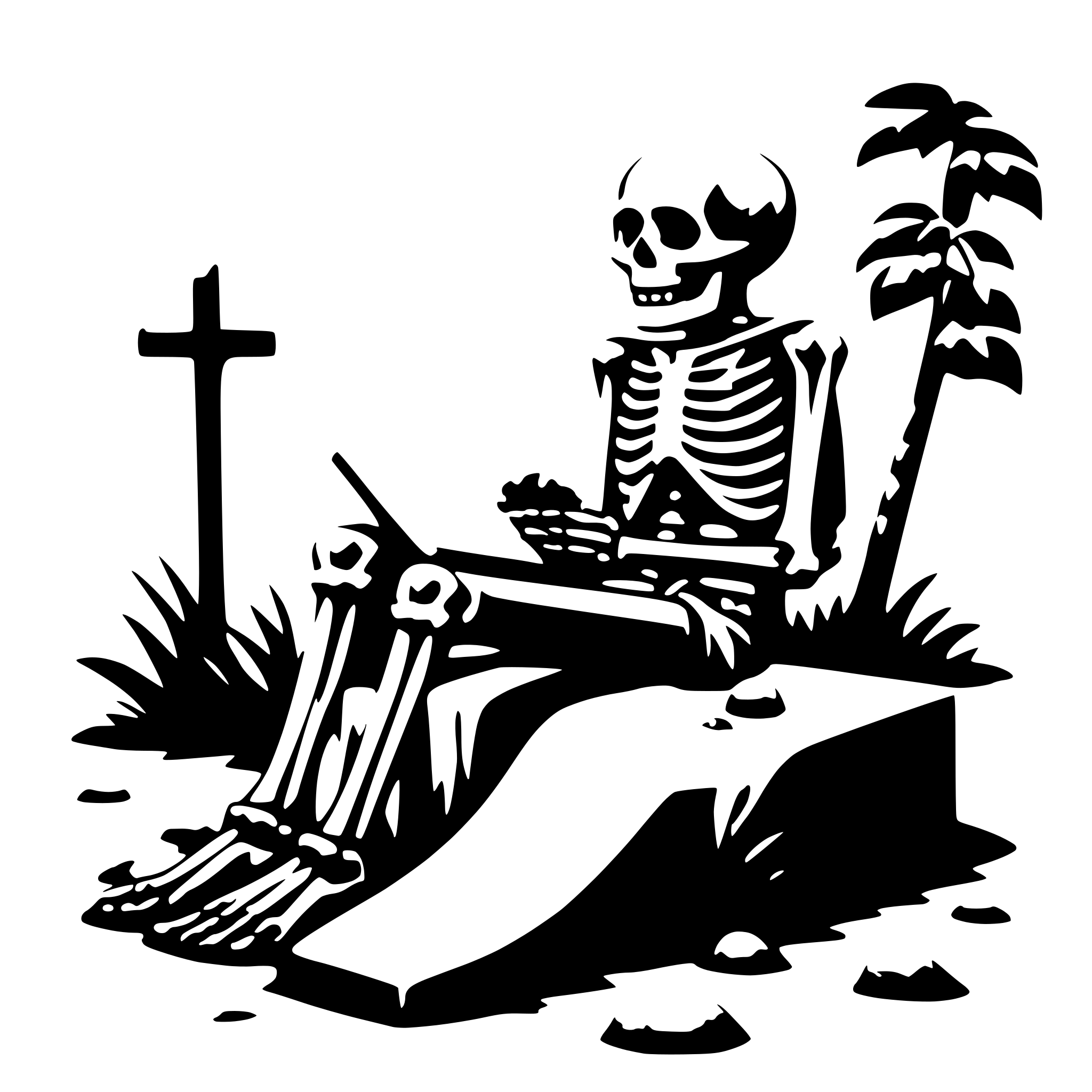 AI-generated SVG of a a skeleton sitting on a grave an reading