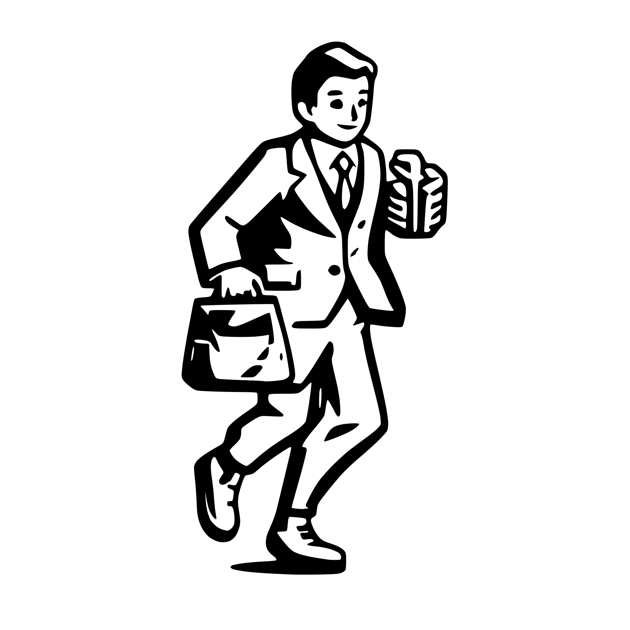 AI-generated SVG of 'A man in a tweed suit runing out, clutching a bag of coins in both hands. The coins themselves are not visible. You can see his whole body, including his shoes. He is turned sideways.'