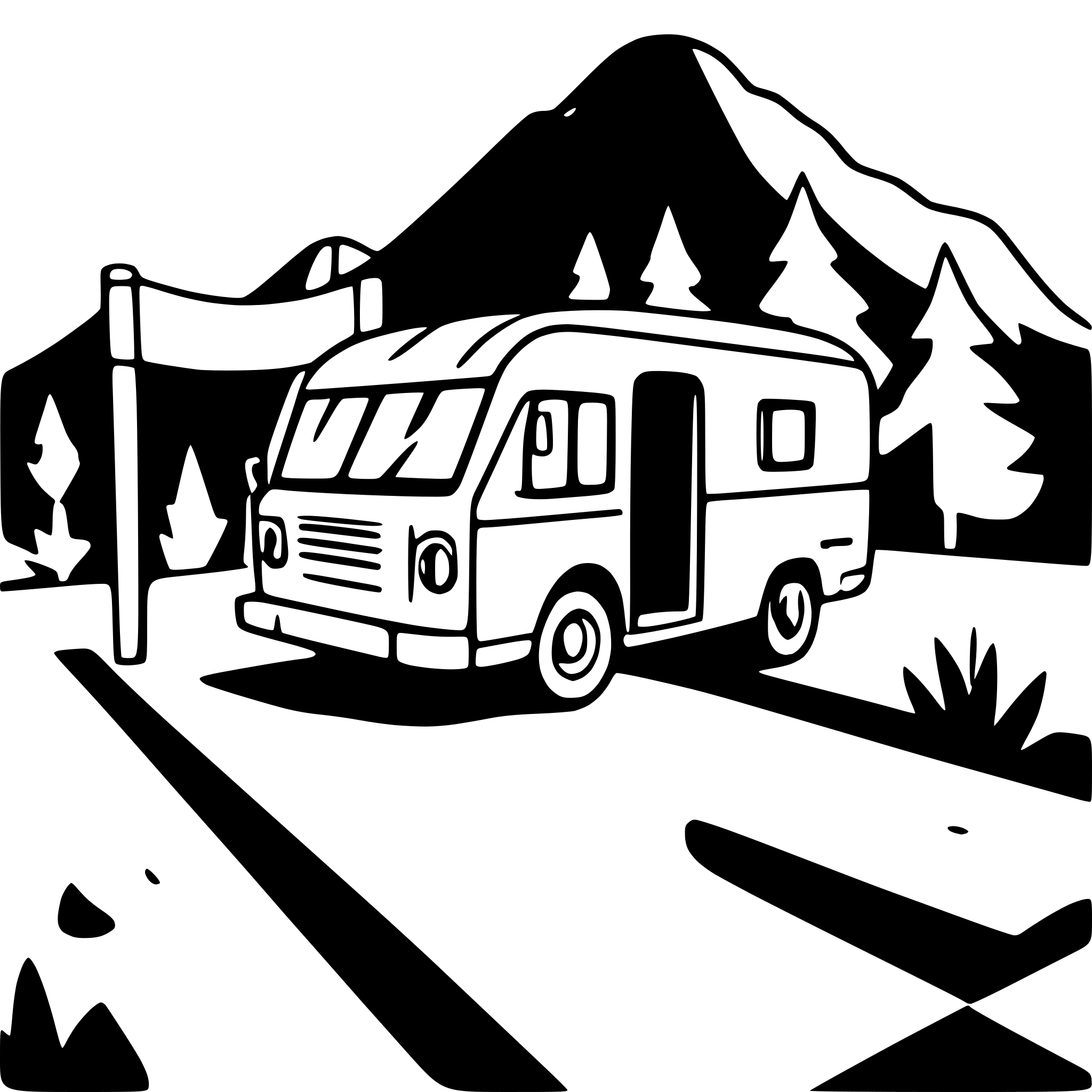AI-generated SVG of 'A cute, simple illustration of a camper van pulling into a campground. Long shot, side viewpoint.'
