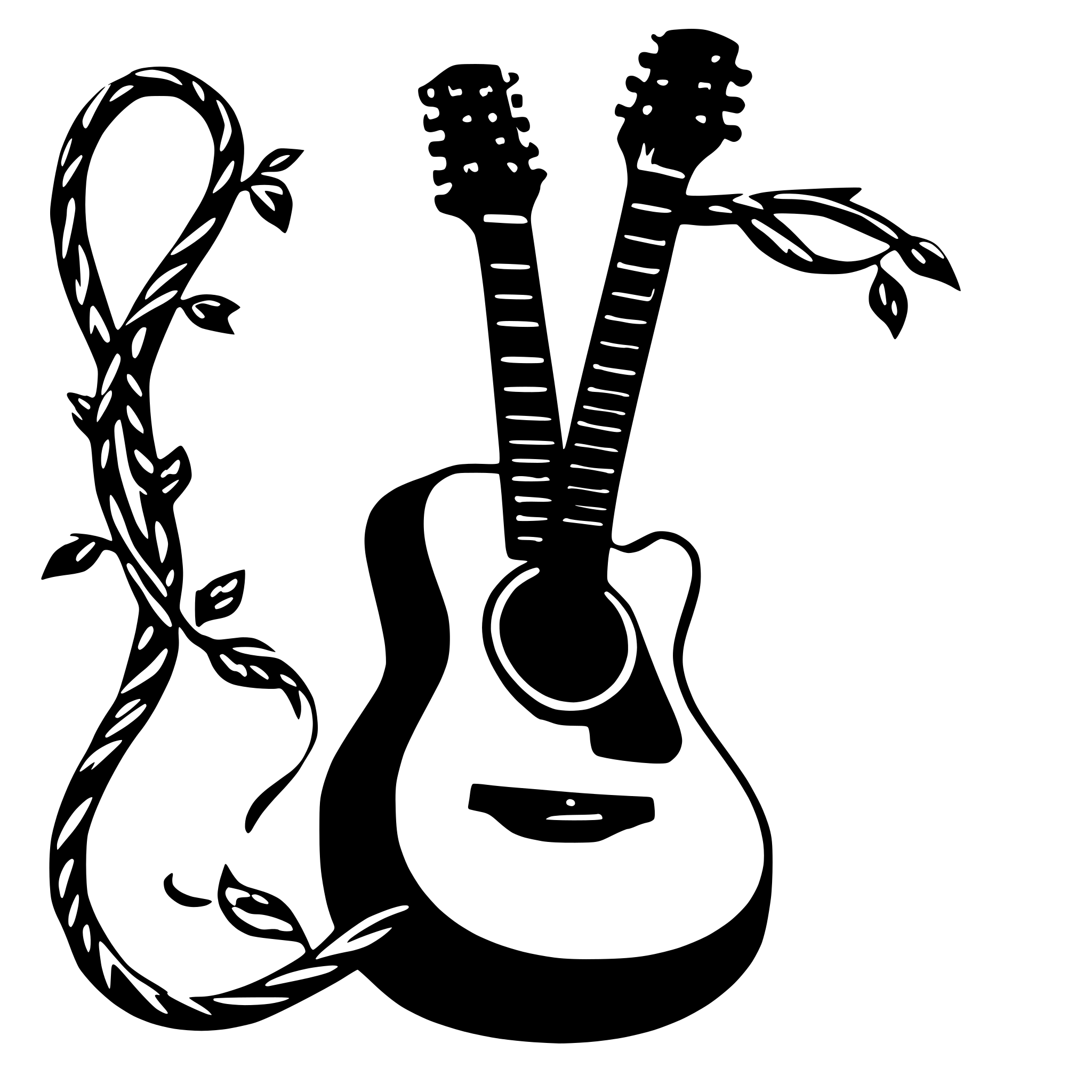 AI-generated SVG of 'a long vine stretching through  and wrapping around a guitar, ^88878888111'