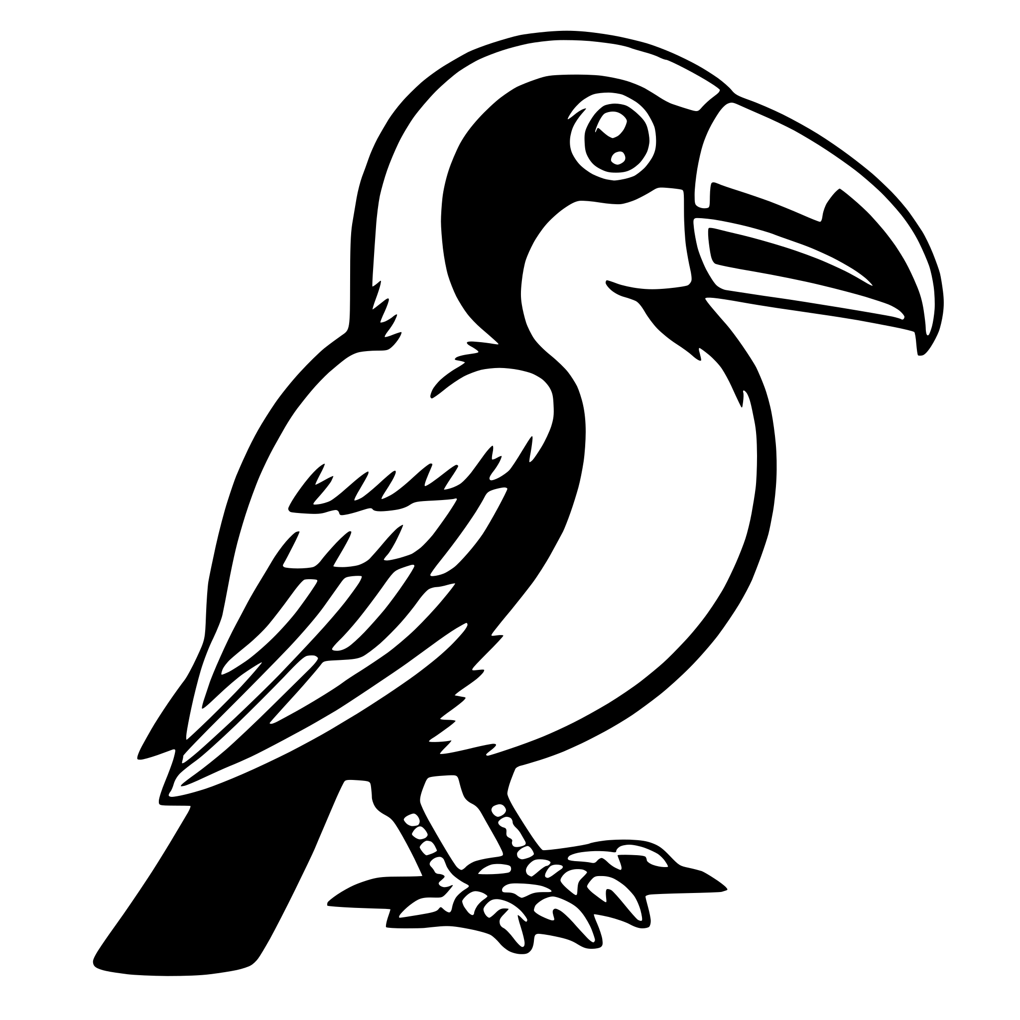 The SVG depicts a stylized black and white illustration of a bird. The bird has a prominent beak, large eyes, and a round head. It has a body with a pattern of feathers, and its wings are spread out. The bird's feet are visible, and it appears to be standing on a surface. The tail feathers are also visible, and the bird's overall posture suggests it might be in a resting or perched position. The SVG is simple and does not contain any additional objects or interactions. 