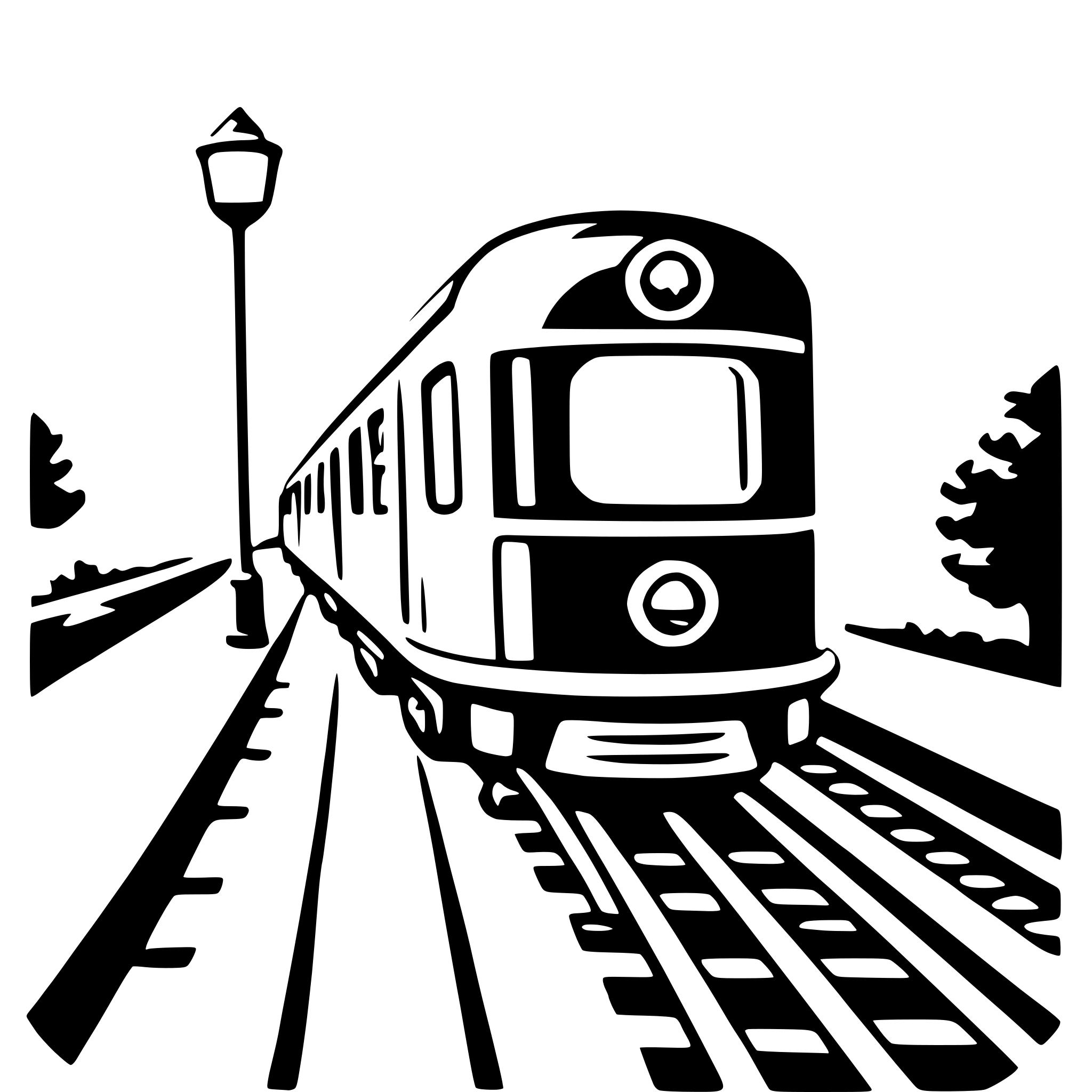 The SVG depicts a stylized train traveling on a set of tracks. The train is designed with a simplistic, cartoon-like appearance, featuring a large, rounded front with two circular headlights. It has a series of windows along its side, and the roof appears to be flat. The train is moving from left to right, with the front of the train leading the way. The tracks are depicted with a series of parallel lines, suggesting the rails of the train tracks. The background is minimal, with a few trees and a lamp post on the left side, which adds to the sense of motion and direction. The overall style is graphic and appears to be designed for a logo or icon, given its simplicity and lack of detail. 