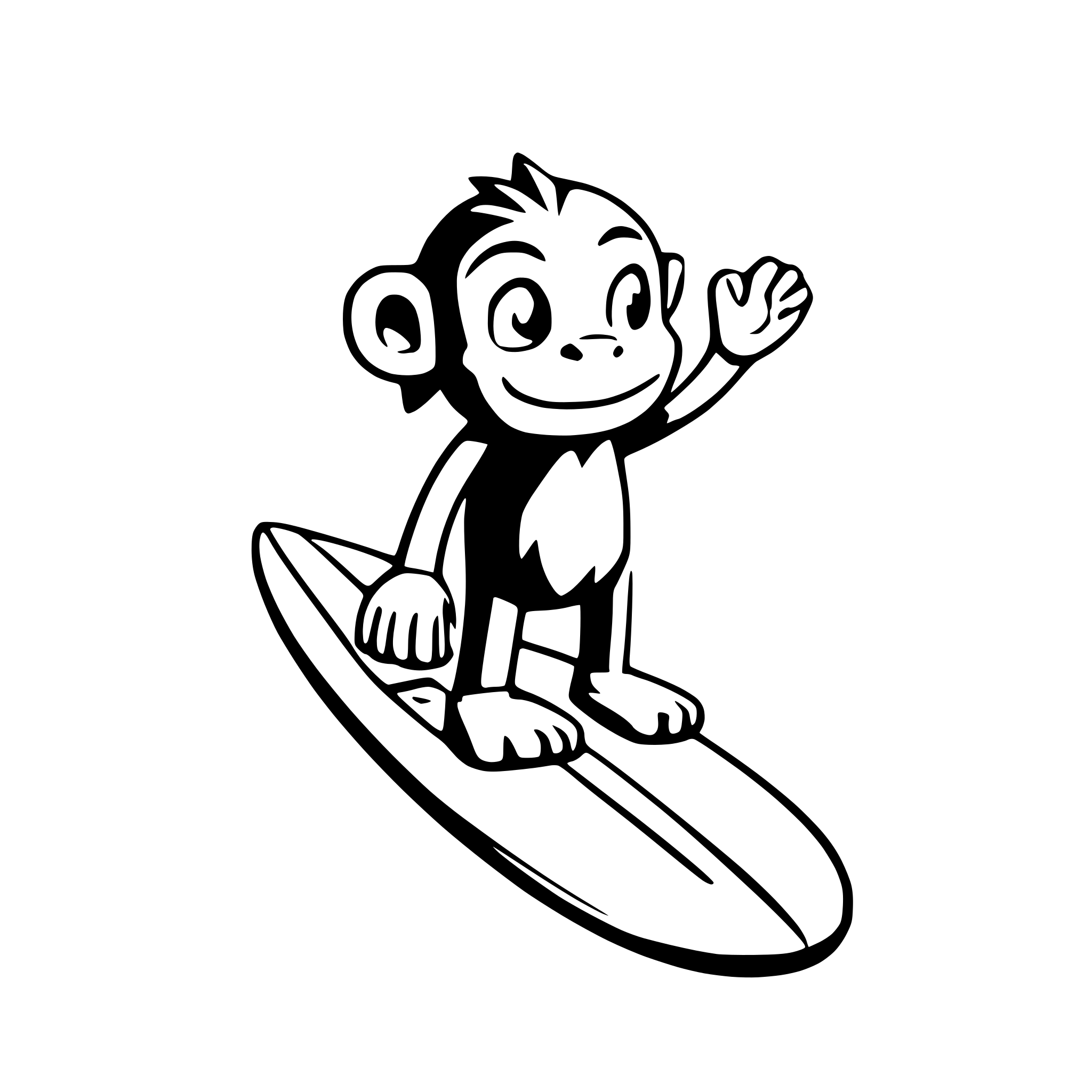 AI-generated SVG of 'cartoon monkey on a surfboard'