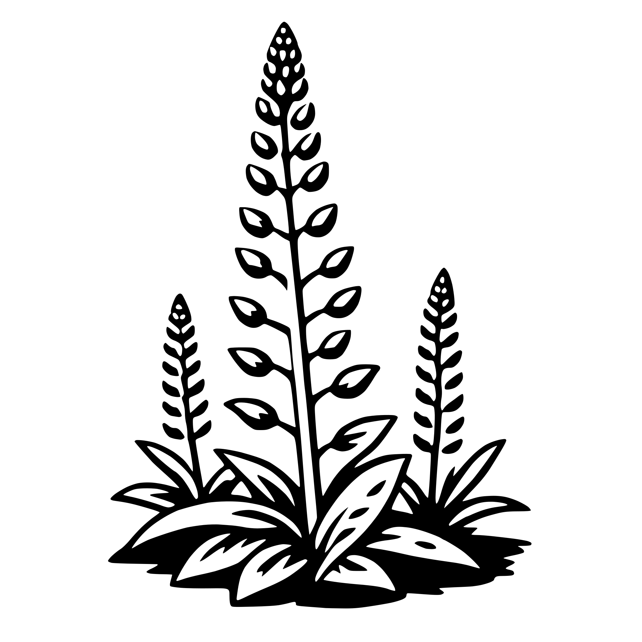 The SVG shows a stylized black and white illustration of a plant with a tall central stalk and two side shoots. The plant has a series of elongated, leaf-like shapes along the stem, suggesting foliage. The central stalk is the tallest element and is adorned with a pattern of smaller shapes that could be interpreted as buds or flowers. The side shoots are shorter and have a similar pattern of shapes along their length. The plant is set against a plain background, and there is no interaction between the objects as it is a static SVG. 