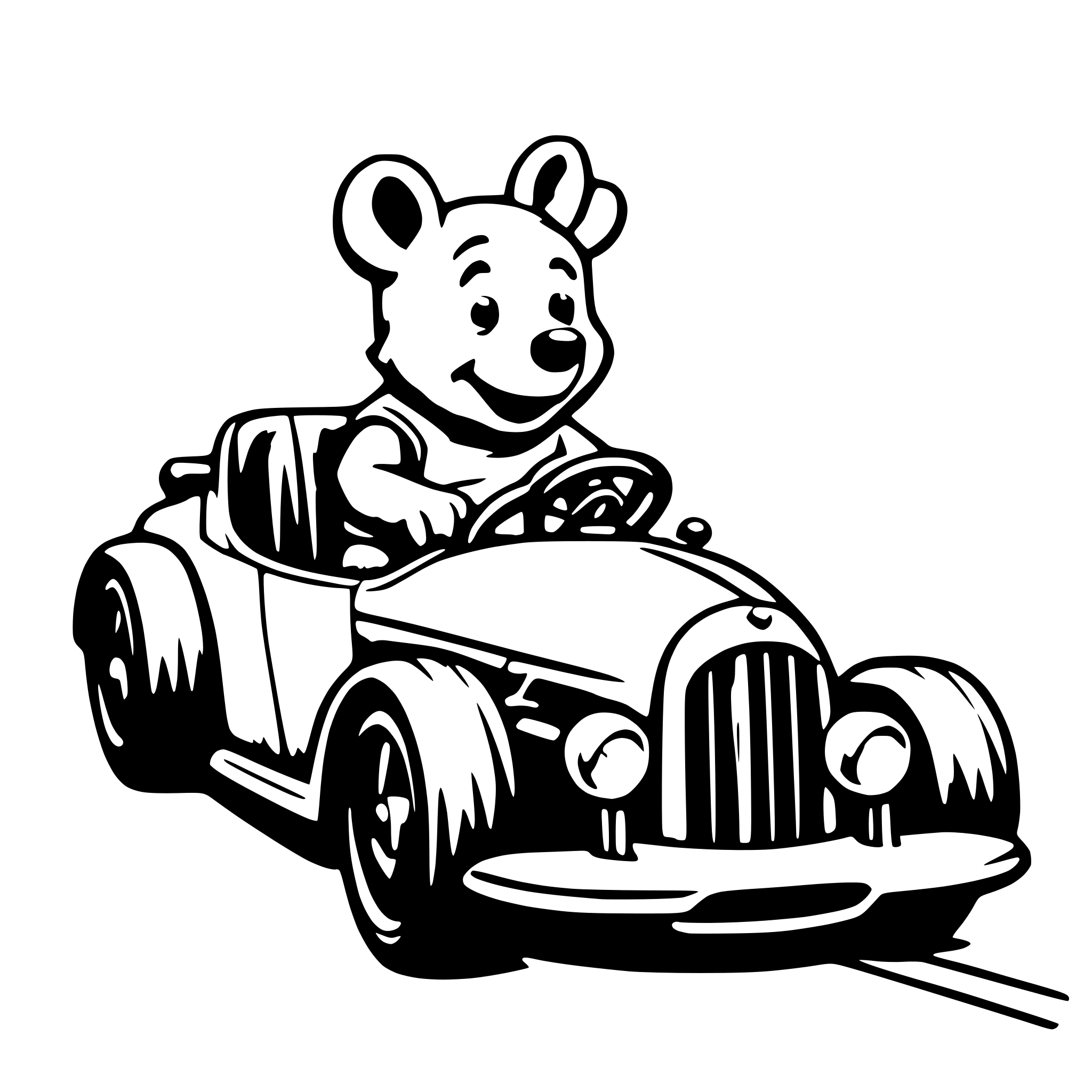 AI-generated SVG of a Winnie the pooh driving a racecar coloring book