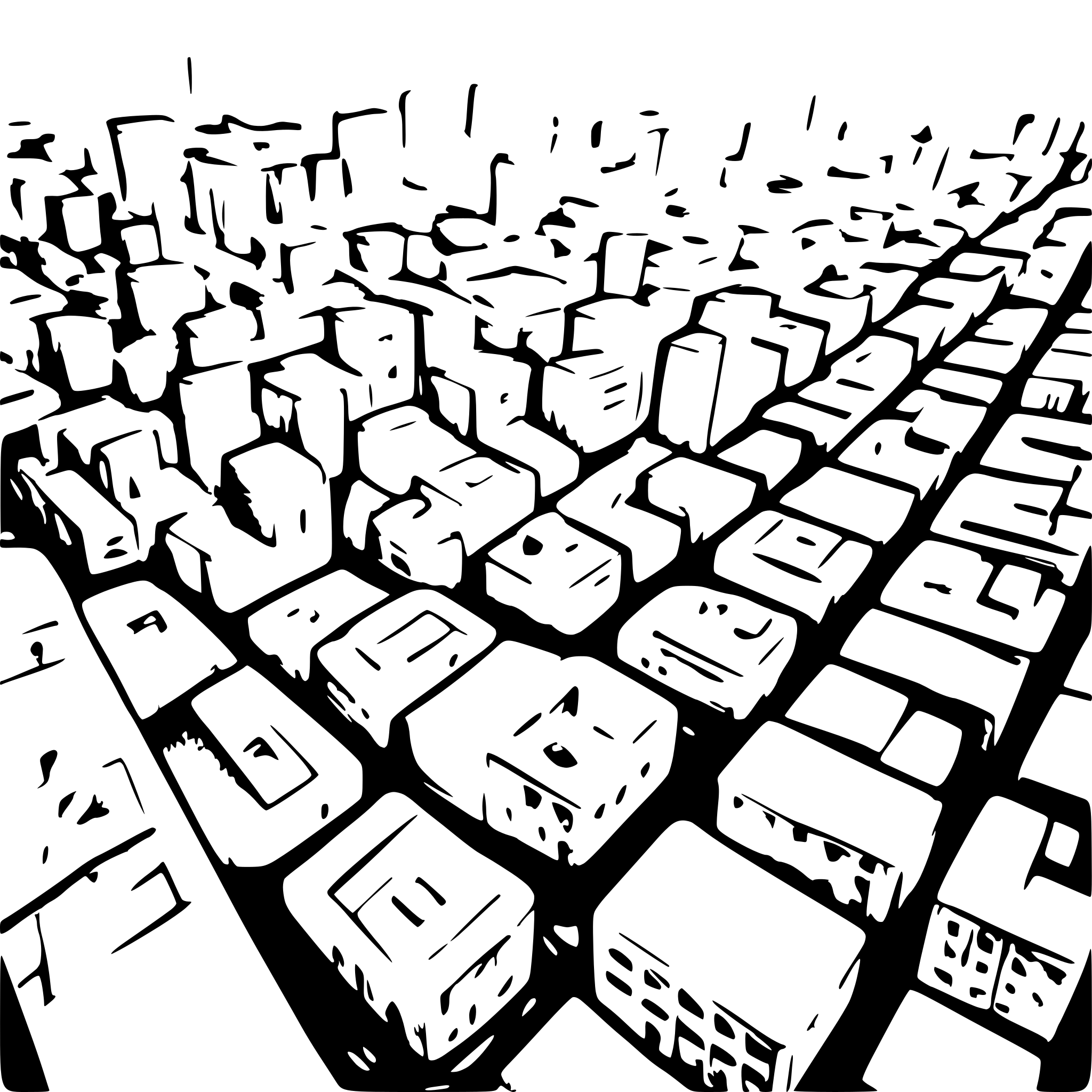 AI-generated SVG of a bird eye view ,use black and white woodcut  thin black shap lines and small dots and very detaling realistic approach vast  city  dark sky  and millions of buildings and sky  sag file ;end part of city must clear