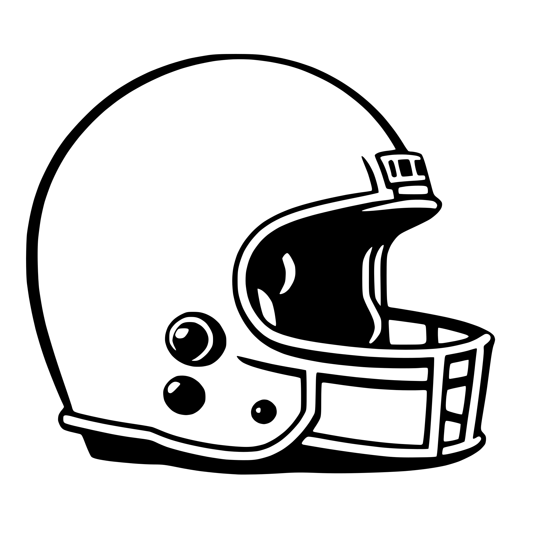 The SVG shows a stylized, simplified representation of a football helmet. The helmet is predominantly white with a black faceguard and a black chin strap. There are three black circles on the front of the helmet, which are likely meant to represent the eye holes and the mouthpiece. The helmet has a black visor that covers the faceguard. The design is minimalistic and lacks intricate details, focusing on the basic shape and features of the helmet. 
