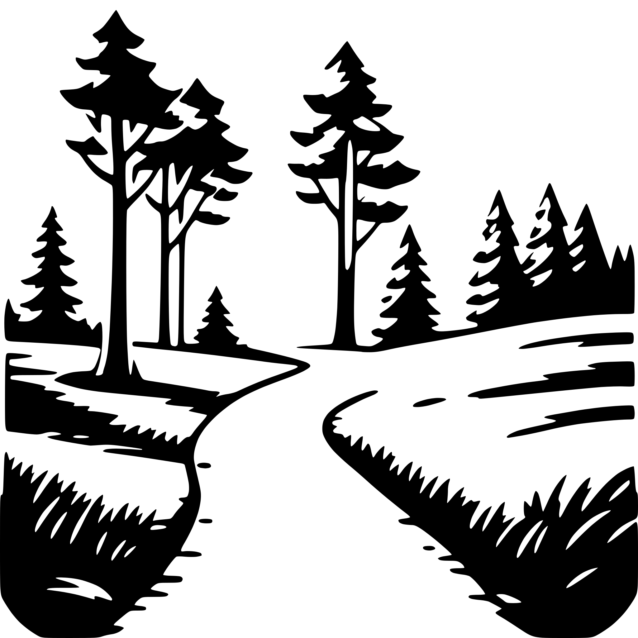 The SVG depicts a stylized, black and white illustration of a forested area with a path leading through it. The path is curved and appears to be a dirt road, with shadows suggesting depth and perspective. On either side of the path, there are silhouettes of trees with varying heights, indicating a natural, wooded environment. The trees are depicted with simple, outline-only shapes, and the overall style is minimalistic and graphic. The SVG does not contain any text or additional elements. 