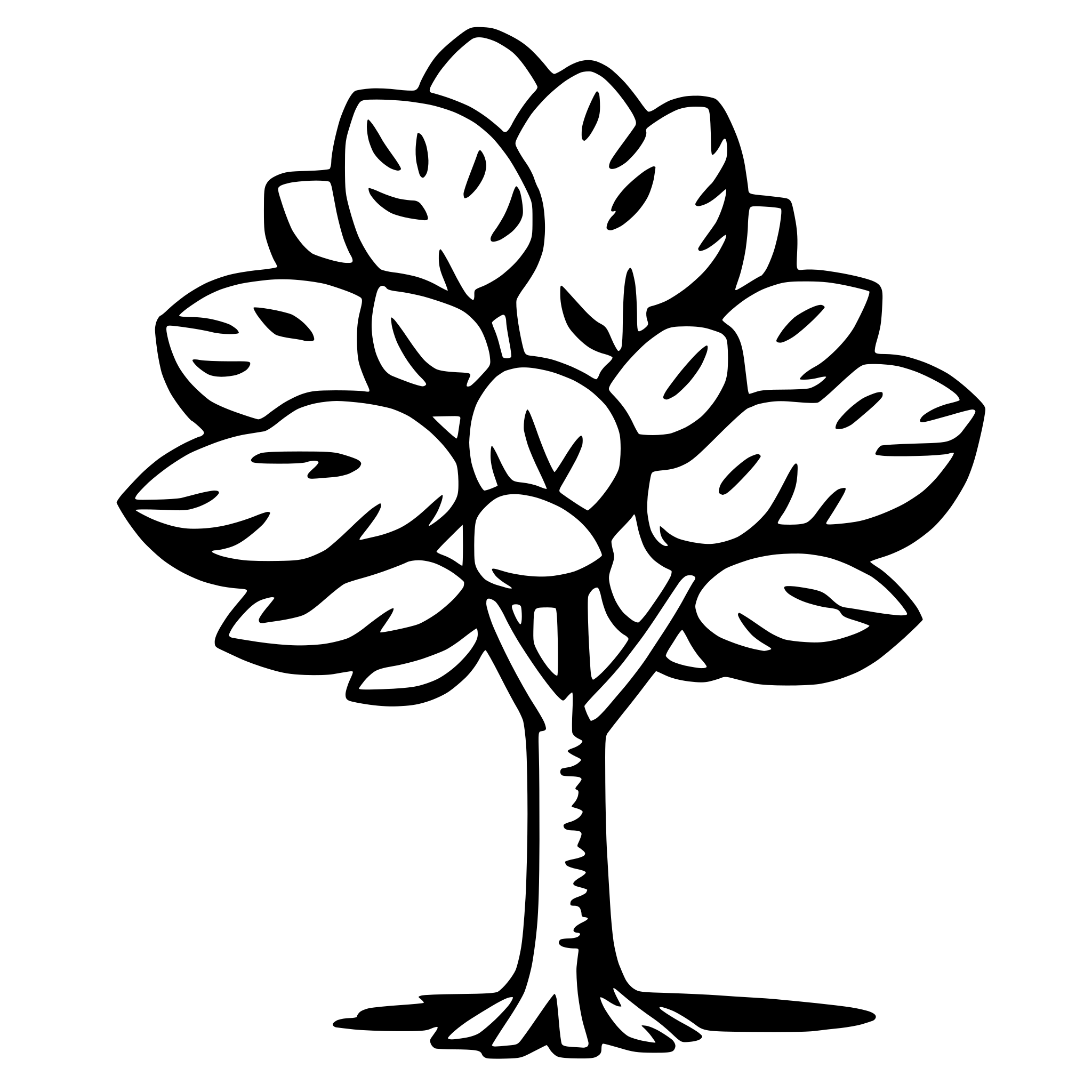 The SVG shows a simple line drawing of a tree with a stylized trunk and branches. The tree has a series of leaf shapes along its branches, and the leaves are depicted with a combination of solid and dashed lines to suggest a natural texture. The tree is centered against a plain background. There is no interaction between the objects as it is a static SVG. 