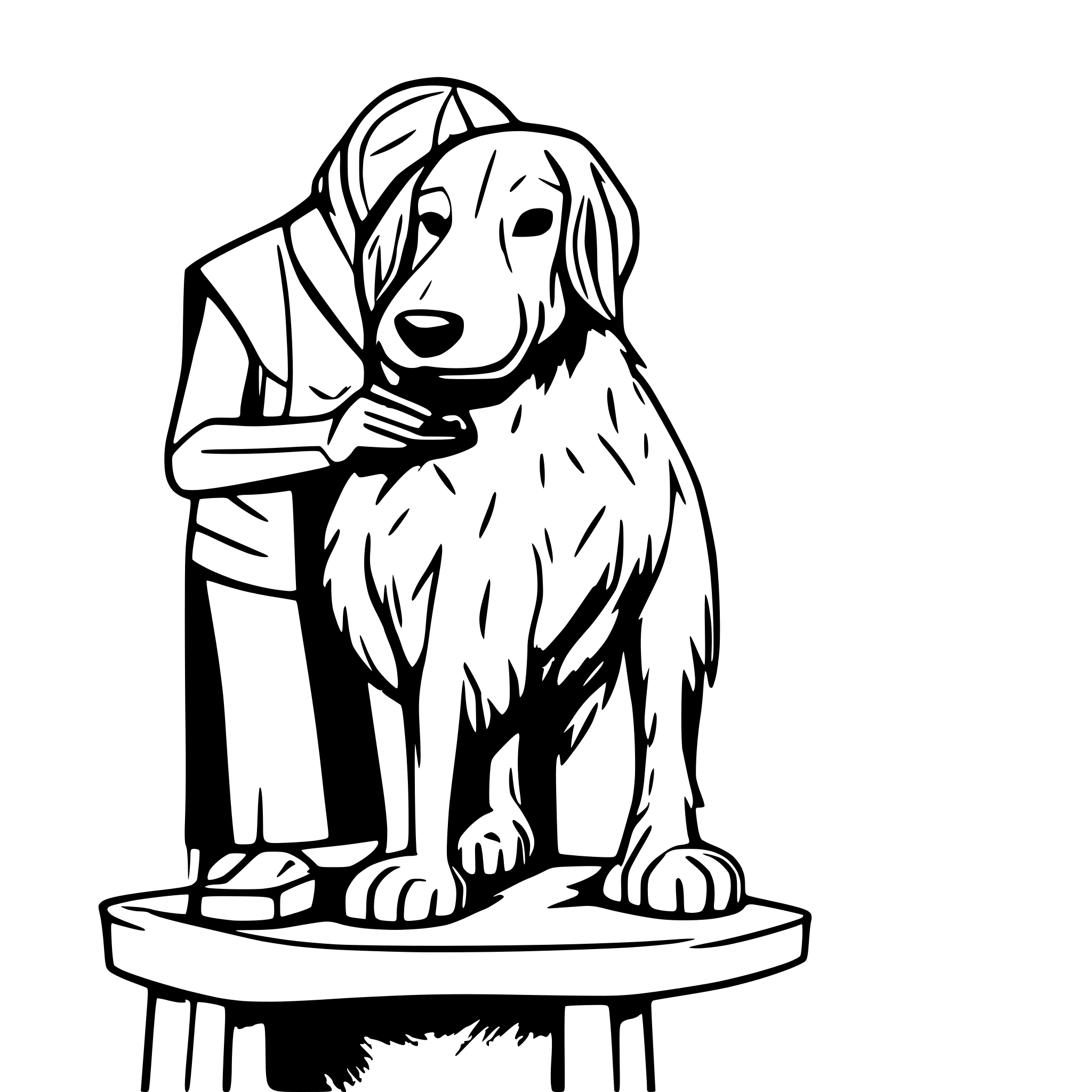 AI-generated SVG of a Dog Standing on Grooming Table while a groomer trimming the dog’s fur with scissors in hand.