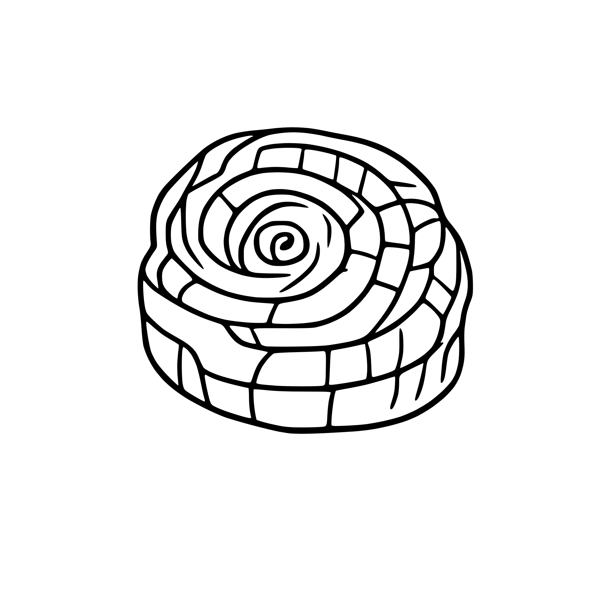 AI-generated SVG of a cinnamon roll, top view, black and white, no background, no shading, no shadow, simple, clipart, line art