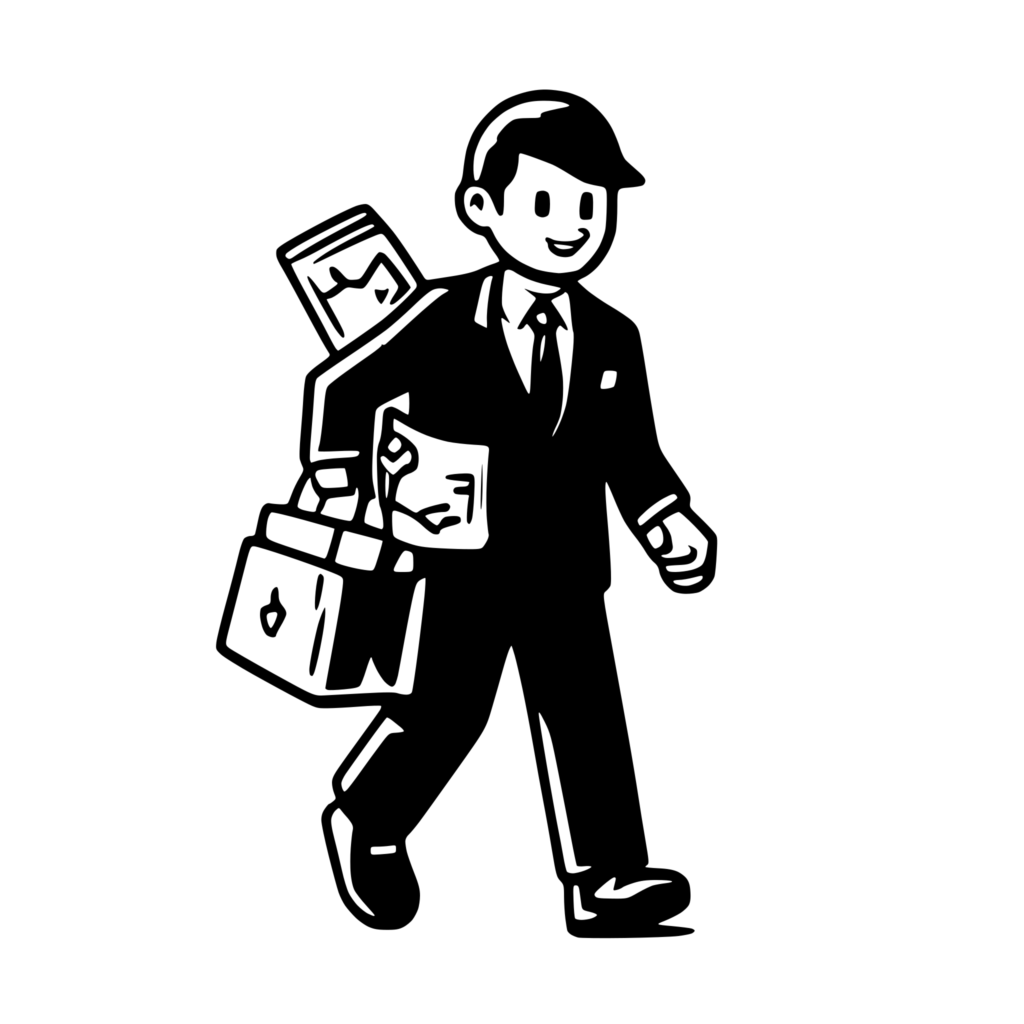 AI-generated SVG of 'A man in a tweed suit runing out, clutching a bag of coins in both hands. The coins themselves are not visible. You can see his whole body, including his shoes. He is turned sideways.'