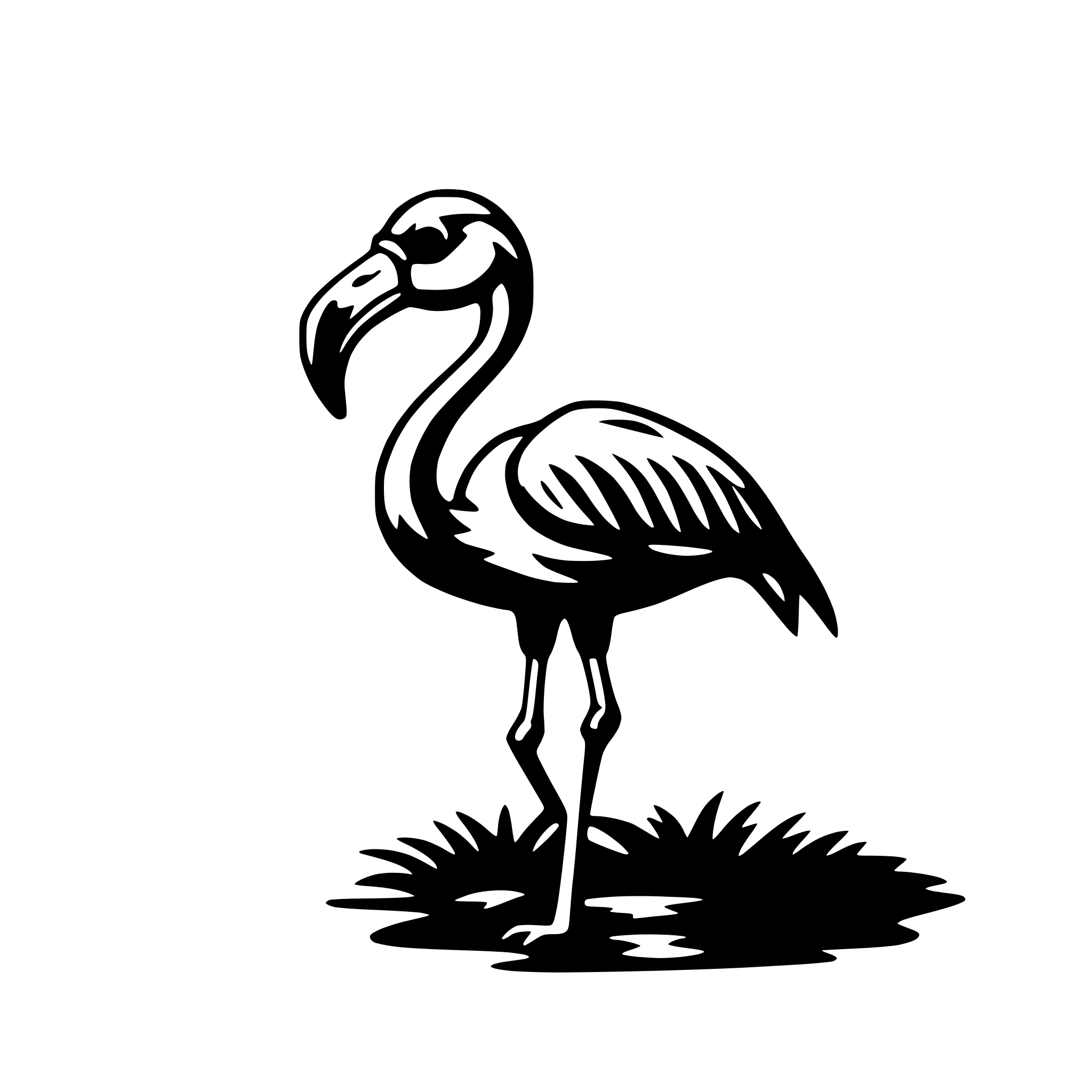 The SVG shows a stylized black and white illustration of a flamingo. The flamingo is depicted standing on one leg, with its head turned to the side, and its long neck and curved beak are clearly visible. The bird is standing on a patch of grass, and the background is plain white. The SVG is simple and does not contain any additional objects or interactions. 