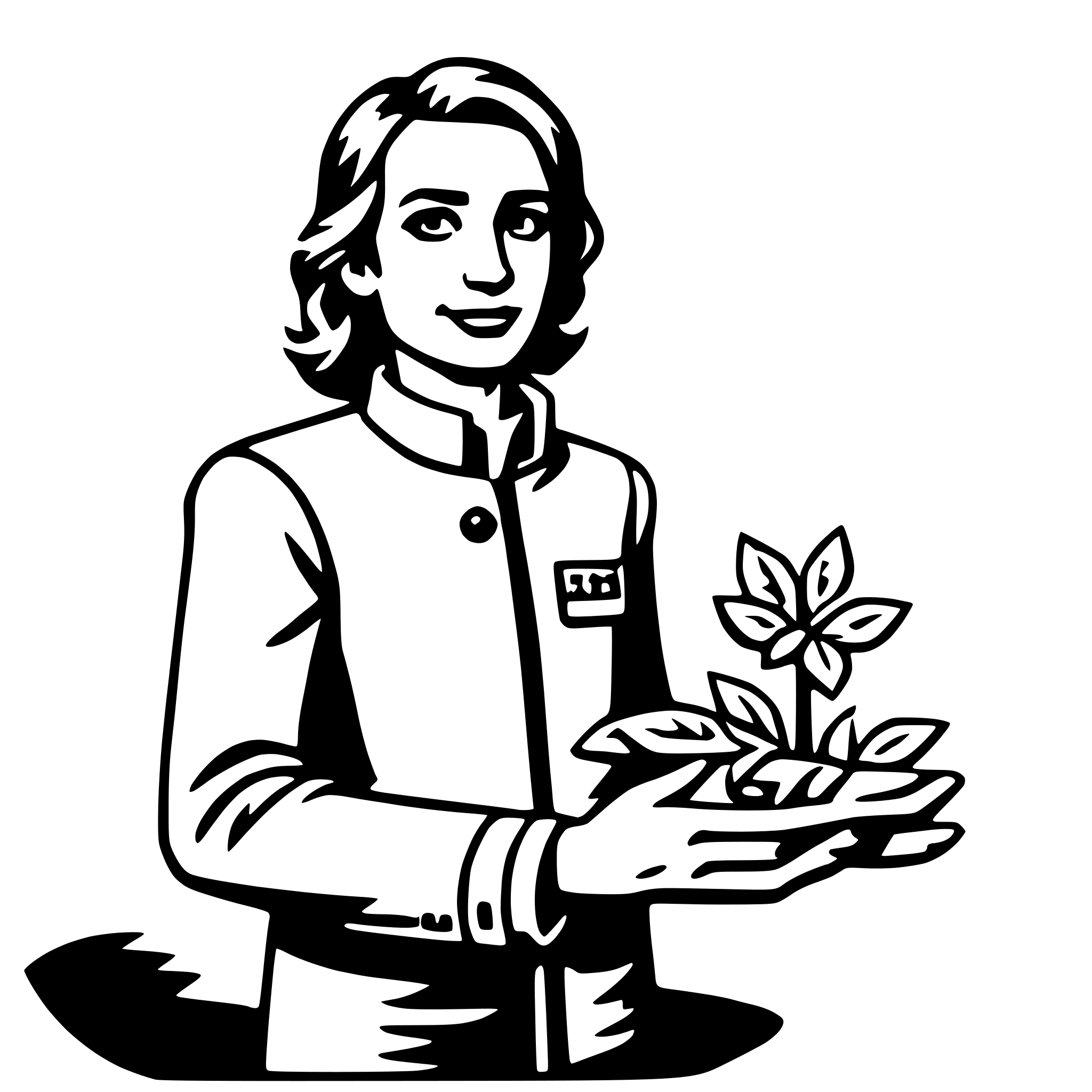 The SVG depicts a stylized illustration of a person holding a potted plant. The person appears to be a woman with short hair, wearing a white coat with a name tag, suggesting she might be a professional in a field related to plants or nature. The plant has green leaves and a single flower, indicating it is in bloom. The person is smiling and looking directly at the viewer, conveying a sense of friendliness or welcoming. The overall style is simple and cartoon-like, with clean lines and minimal shading. 