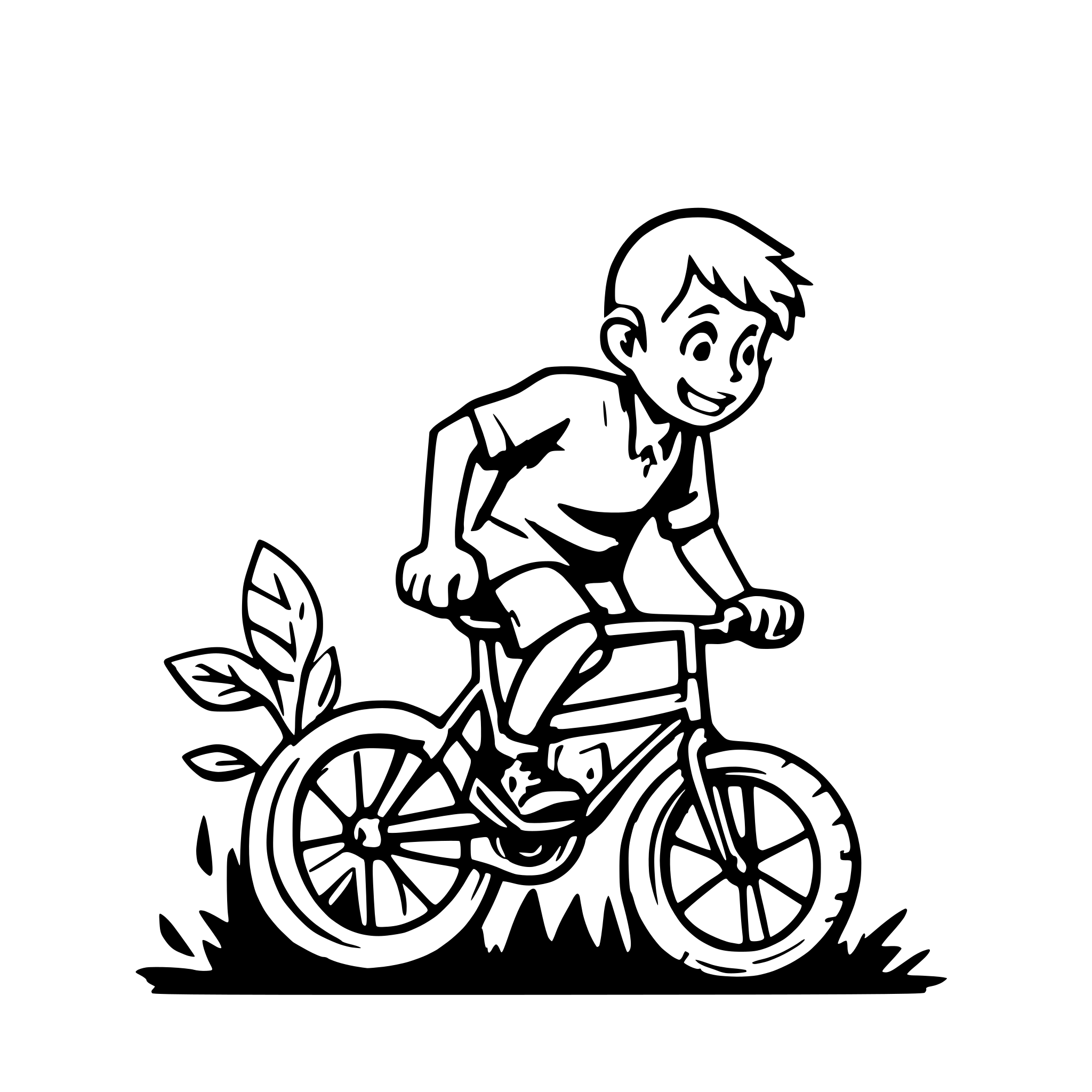 AI-generated SVG of a Boy on bicycle with smile in garden running away from old man with shovel for color printing on a t-shirt