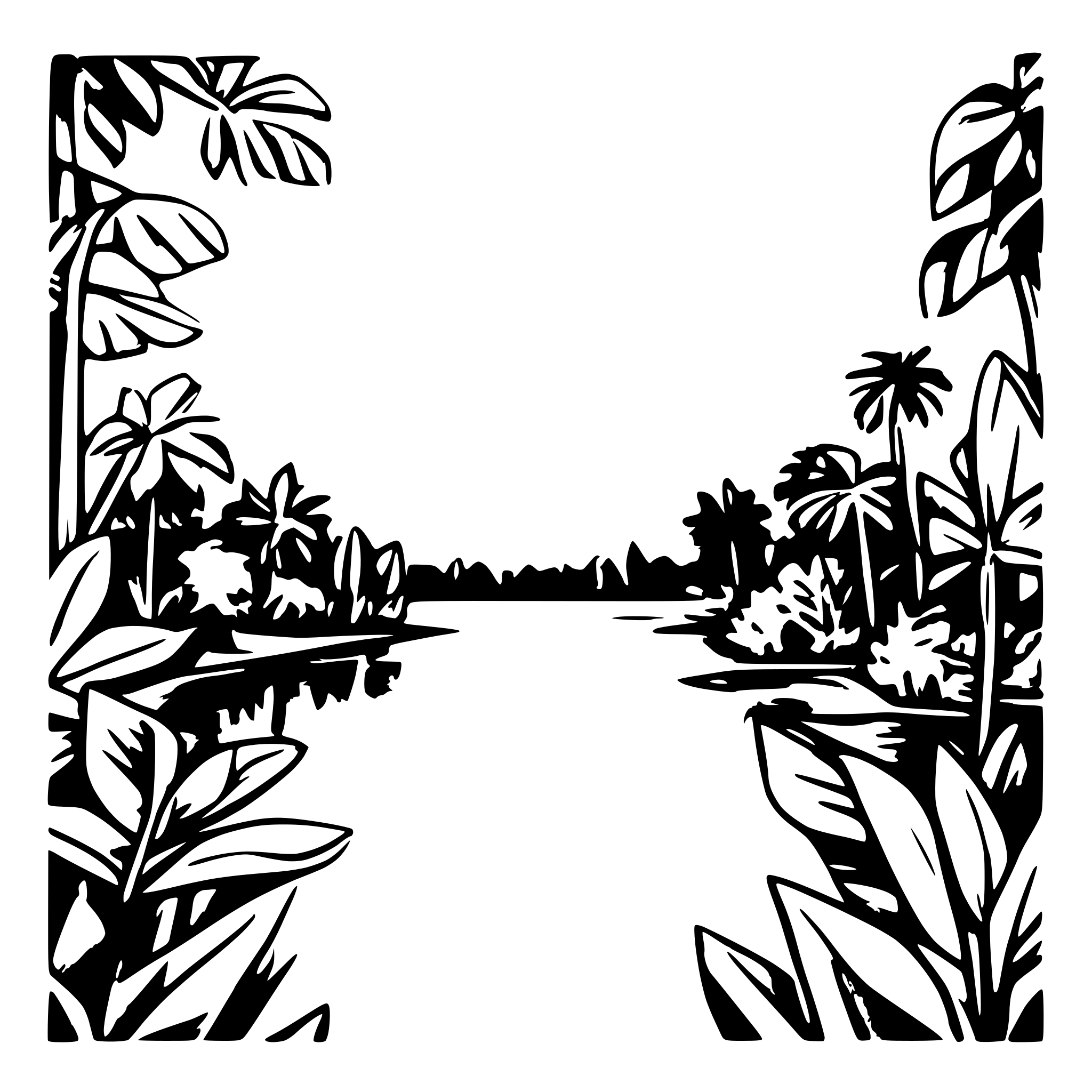 AI-generated SVG of a A beautiful view of the Mahakam River, surrounded by dense tropical forests, with a blue sky and white clouds.