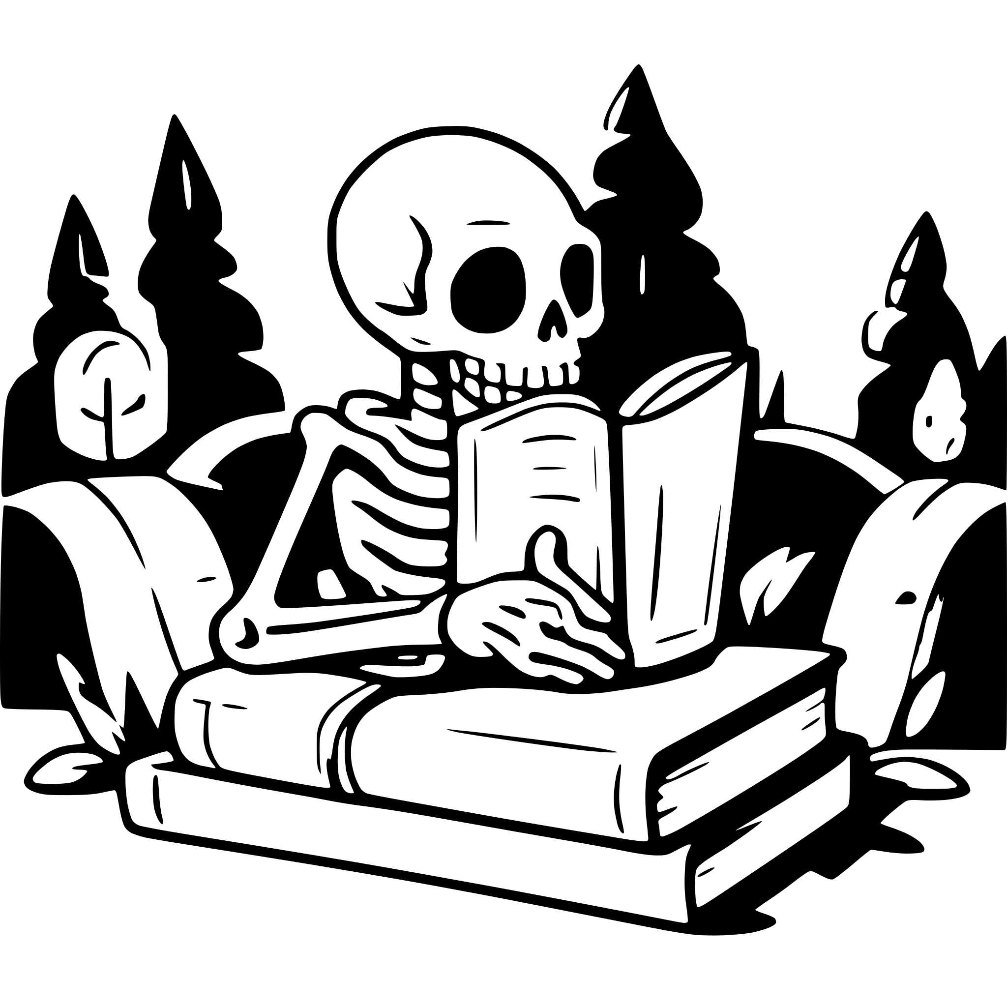AI-generated SVG of a a skeleton on a cemetery reading a big book