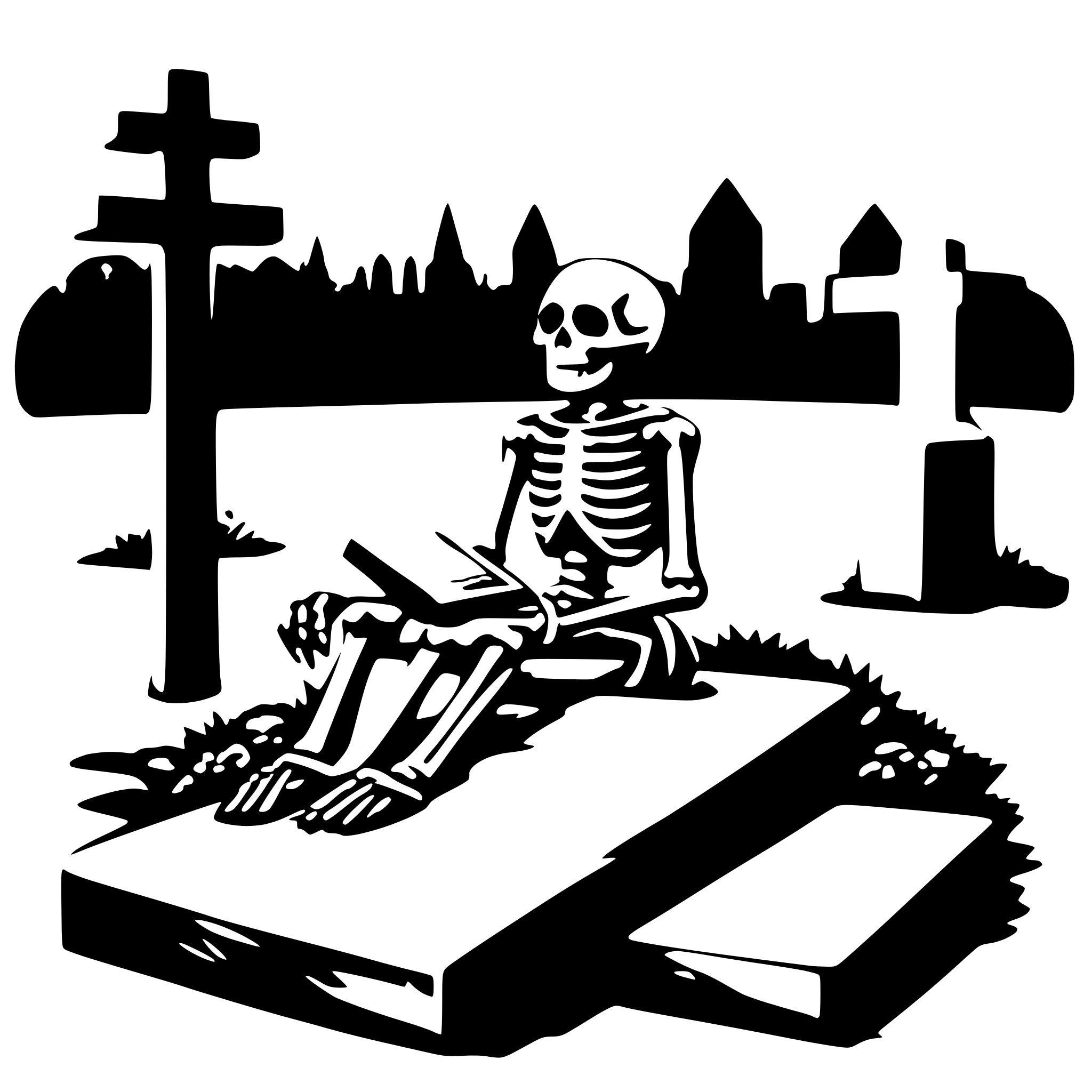 AI-generated SVG of a a reading skeleton on a cemetery