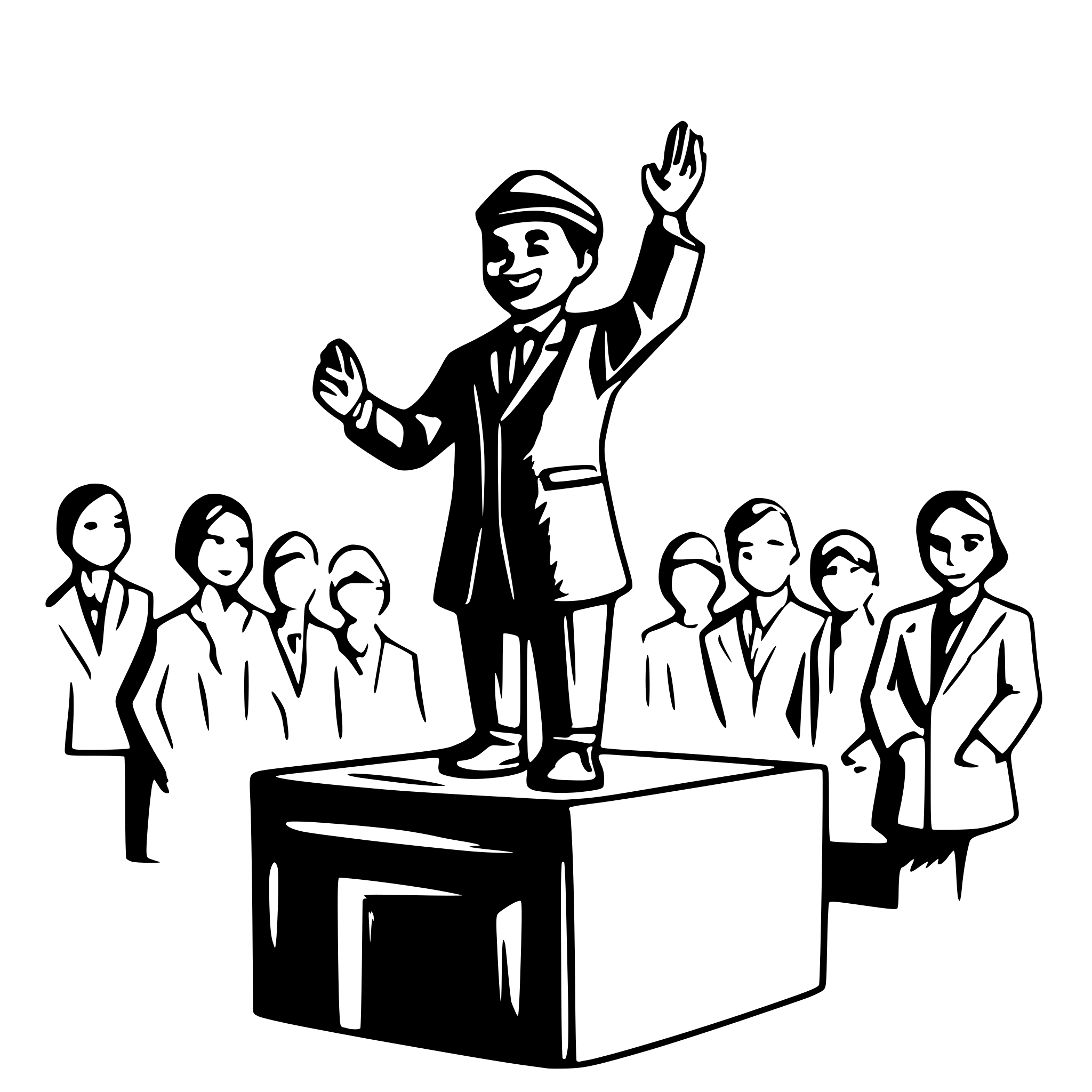 AI-generated SVG of a Sukarno stands at a small podium, speaking passionately to a crowd with raised hands, capturing a spirited and united atmosphere.