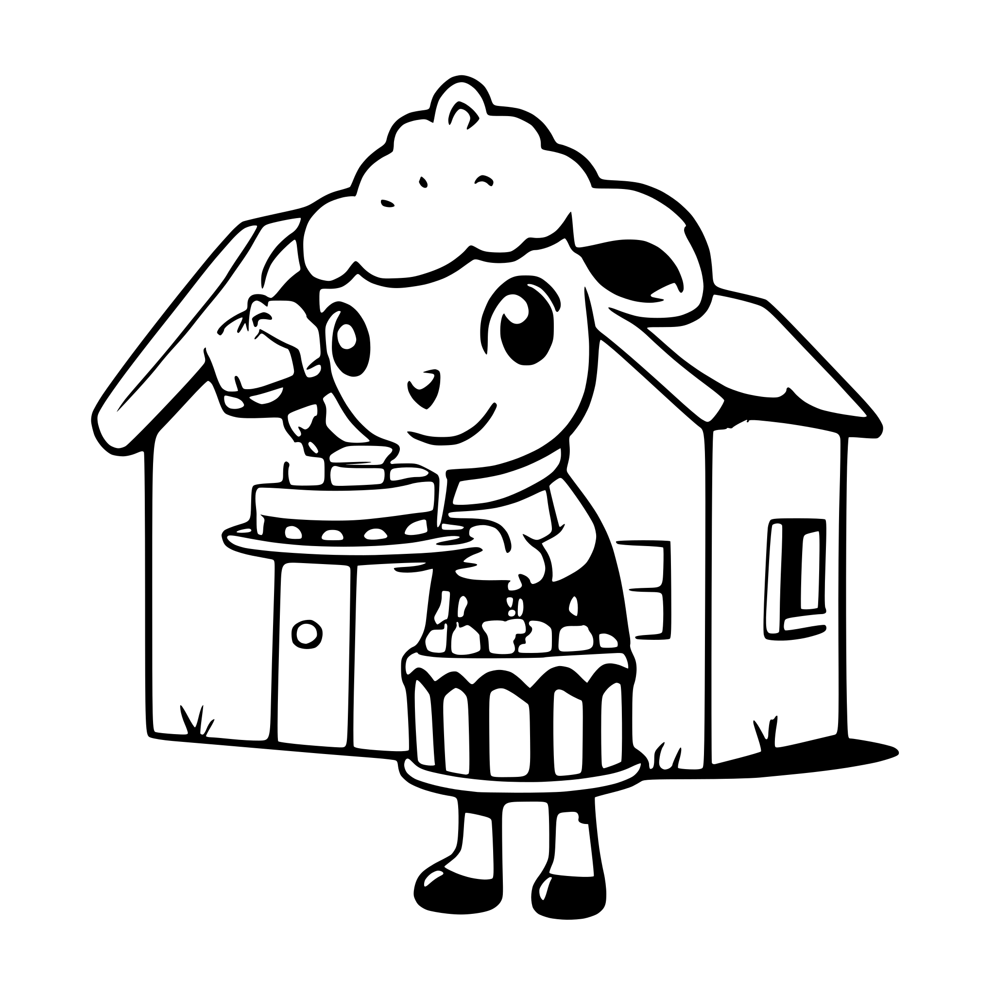 AI-generated SVG of a a cute sheep celebrating holding a birthday cake in front of a small house