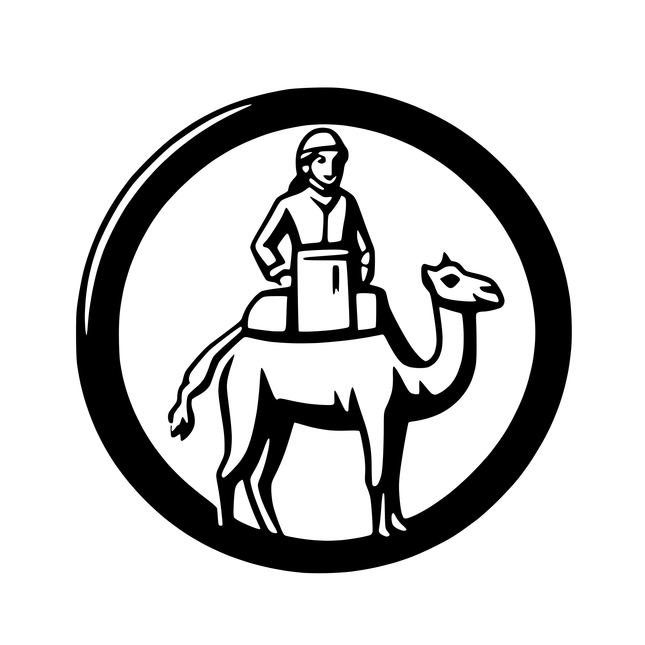 AI-generated SVG of a A logo with a camel and a camel rider. name: SilkByte. accent color: #1643E3