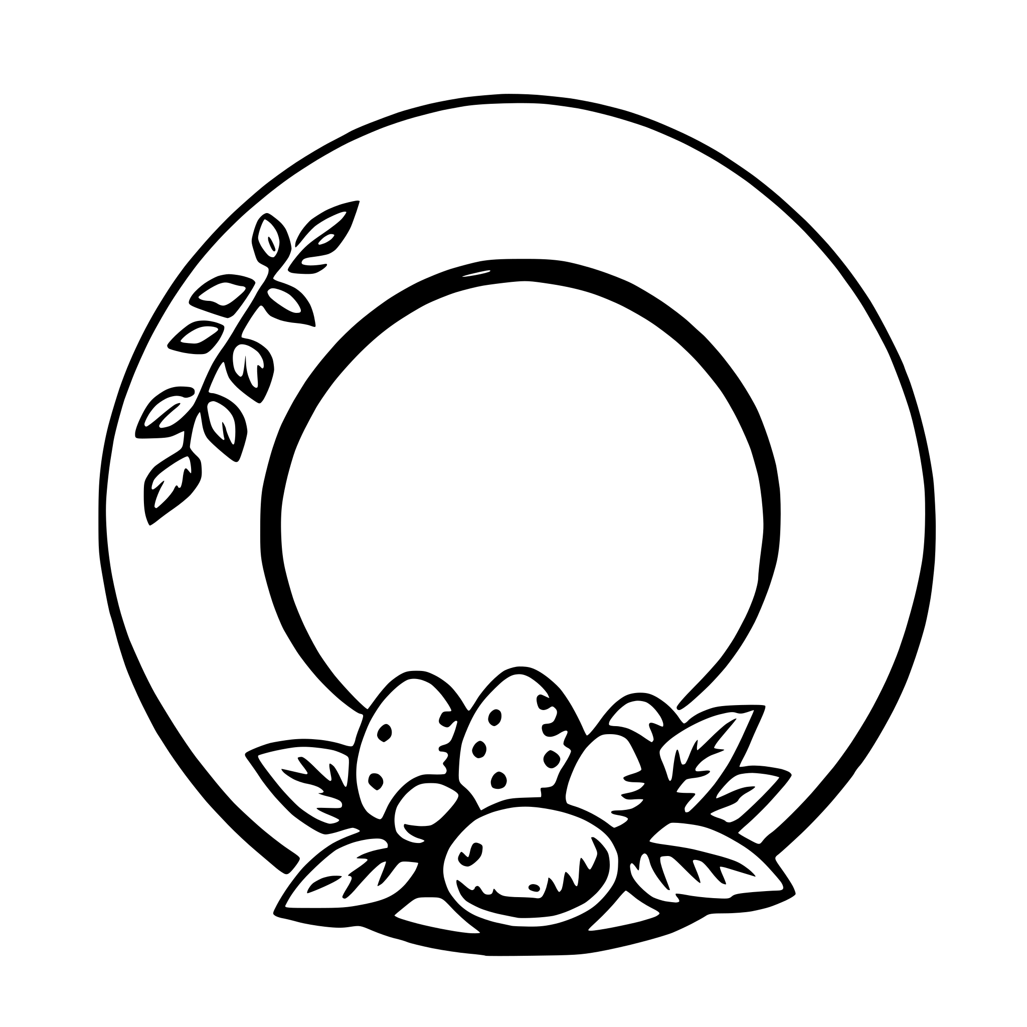 The SVG features a simple, stylized wreath with a circular shape. Inside the circle, there is a small cluster of what appears to be eggs or fruits, surrounded by leaves. The wreath is outlined with a thin line, and the interior is filled with a solid color. The design is symmetrical and has a classic, possibly decorative, appearance. 