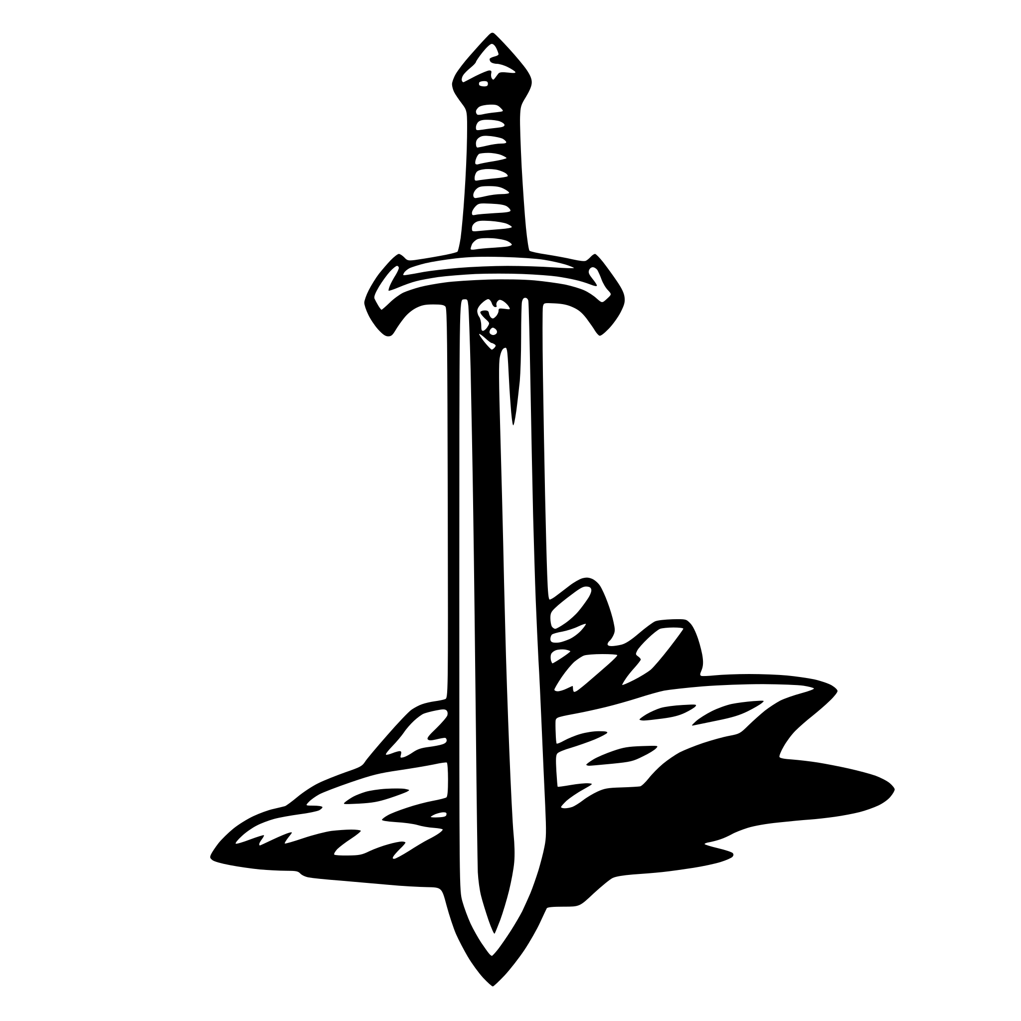 The SVG features a stylized sword with a pointed tip, resting on a rocky surface. The sword has a simple, clean design with a straight blade and a simple crossguard. The rocky surface beneath the sword has a rough texture, suggesting a natural, outdoor setting. The sword and the rock are the main objects in the SVG, and there is no interaction between them; the sword is simply placed on the rock. 