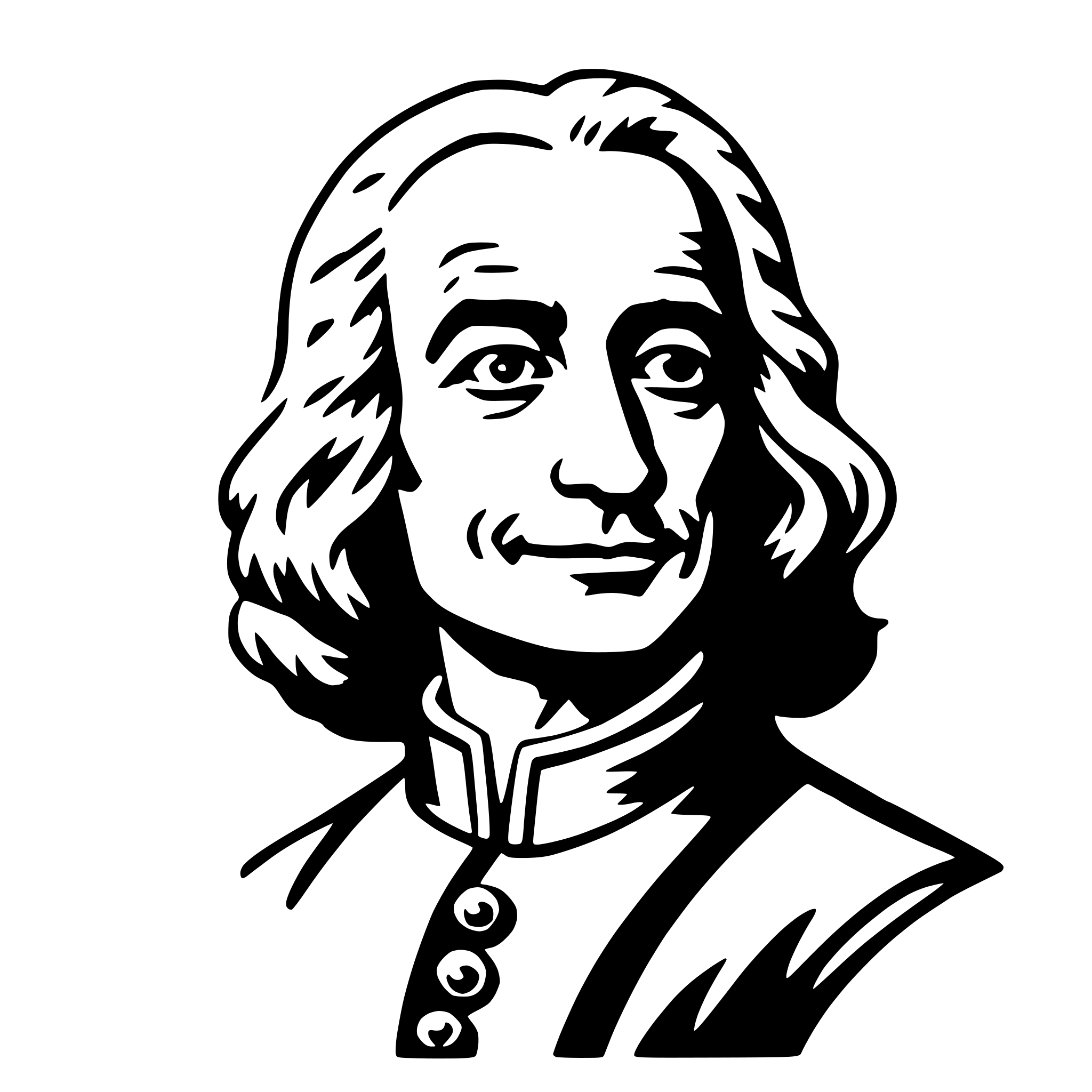 The SVG depicts a black and white line drawing of a man's face. The man has a beard and mustache, and his hair is styled in a manner that suggests it might be a wig or a hairstyle from a historical period. He is wearing a collared shirt with a high collar, which is typical of certain historical fashion styles. The man's expression is neutral, and he is looking directly at the viewer. The SVG is simple and does not contain any additional objects or interactions. 