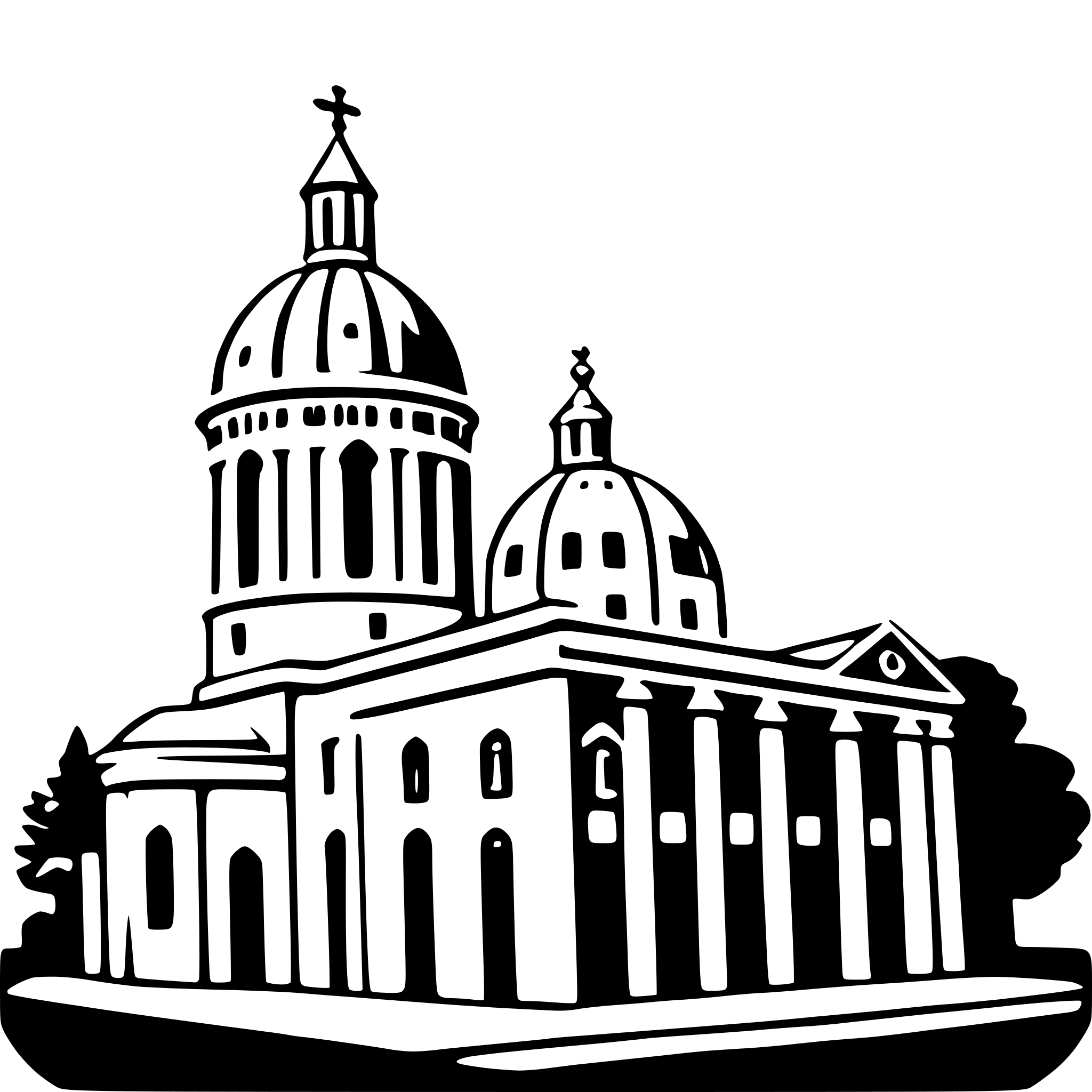 The SVG depicts a stylized illustration of a church with a prominent dome and a smaller dome on the left side. The church has a central tower with a cross on top, and there are arched windows and a central entrance with a pediment. The illustration is in a simplified, line-art style with no shading or color, relying on the contrast between the white background and the black lines to define the shapes and details of the church. The SVG does not show any interaction between objects; it is a static representation of a church architectural style. 
