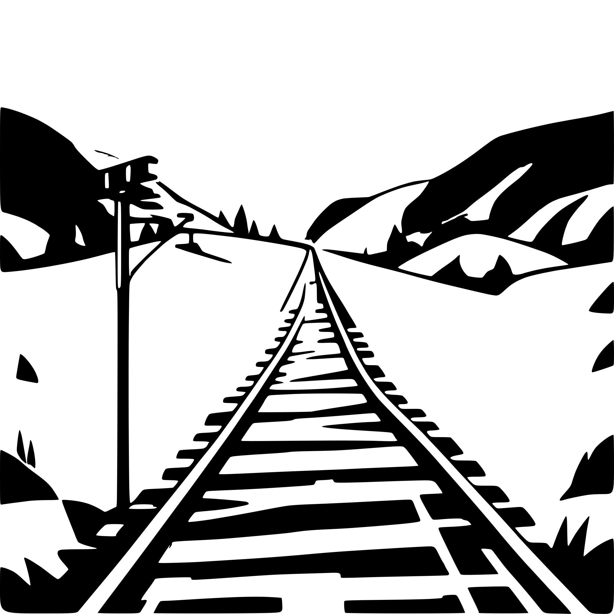 AI-generated SVG of a railroad line disappearing in background landscape mountains double track electric european