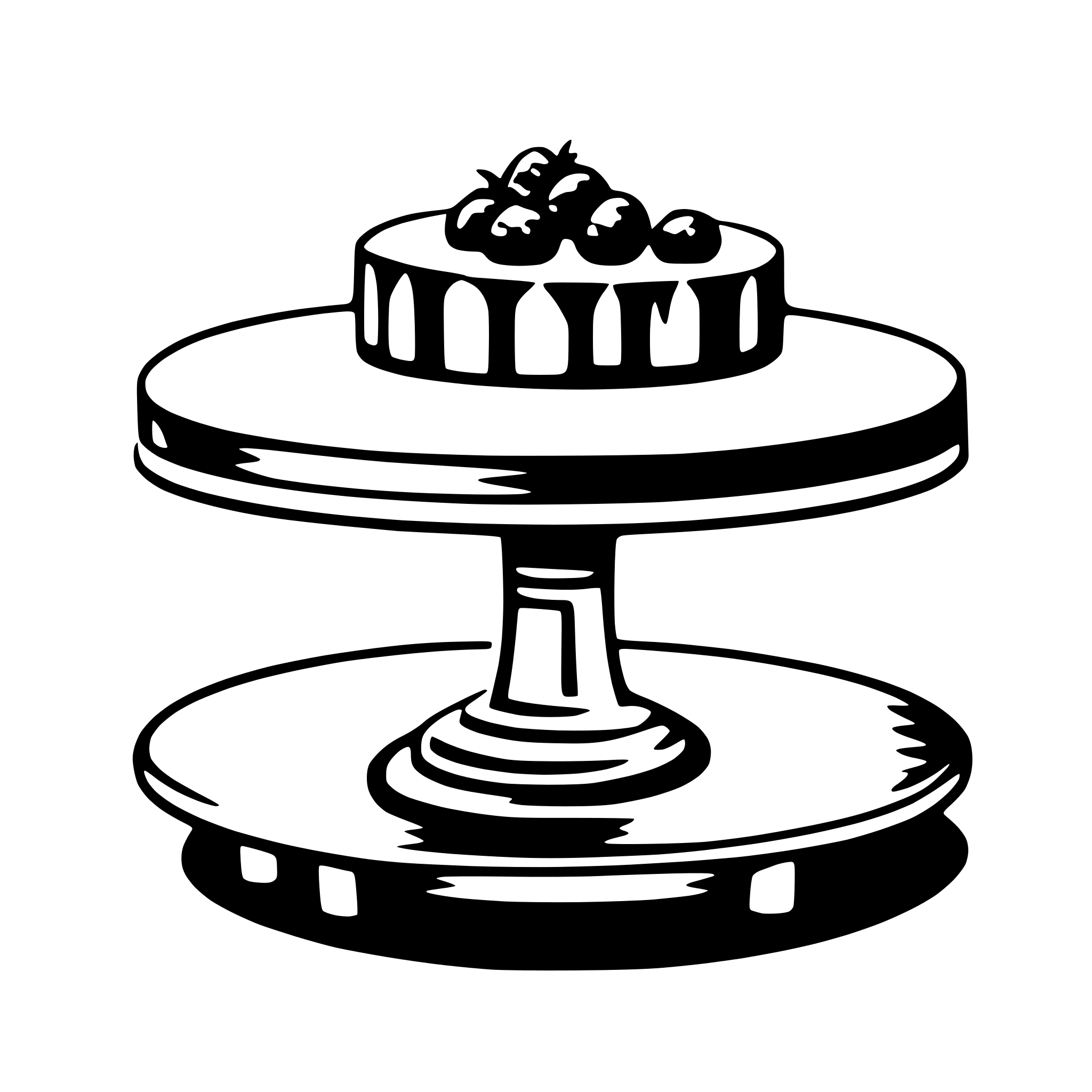 The SVG depicts a simple, stylized illustration of a cake with berries on top, placed on a cake stand. The cake has a round shape with a flat top, and it is decorated with what appears to be berries. The cake stand has a circular base and a vertical column that supports the cake. The illustration is in black and white, with no shading or color detail, giving it a minimalist and clean appearance. The style is reminiscent of a line drawing, with no gradients or textures. The SVG does not show any interaction between objects; it is a static representation of a cake and a stand. 
