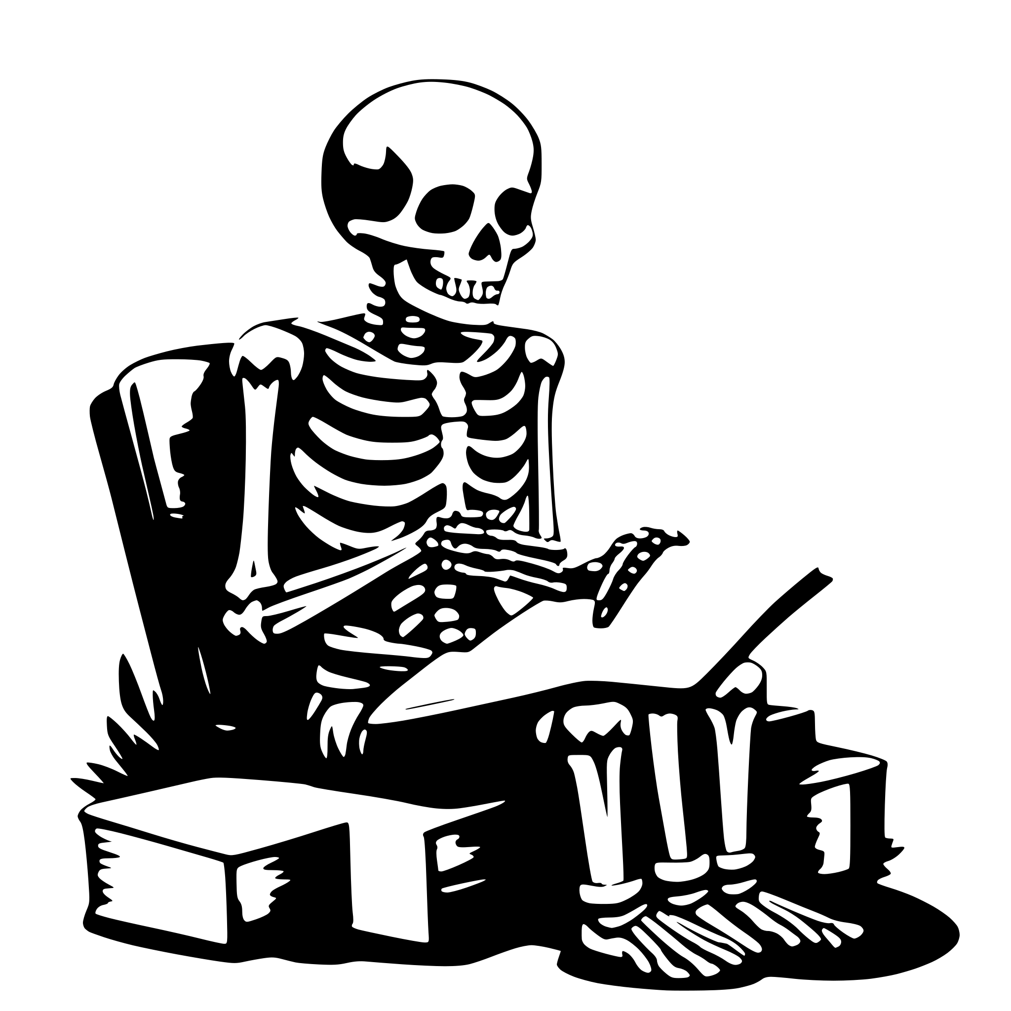 AI-generated SVG of 'skeleton reading a book'