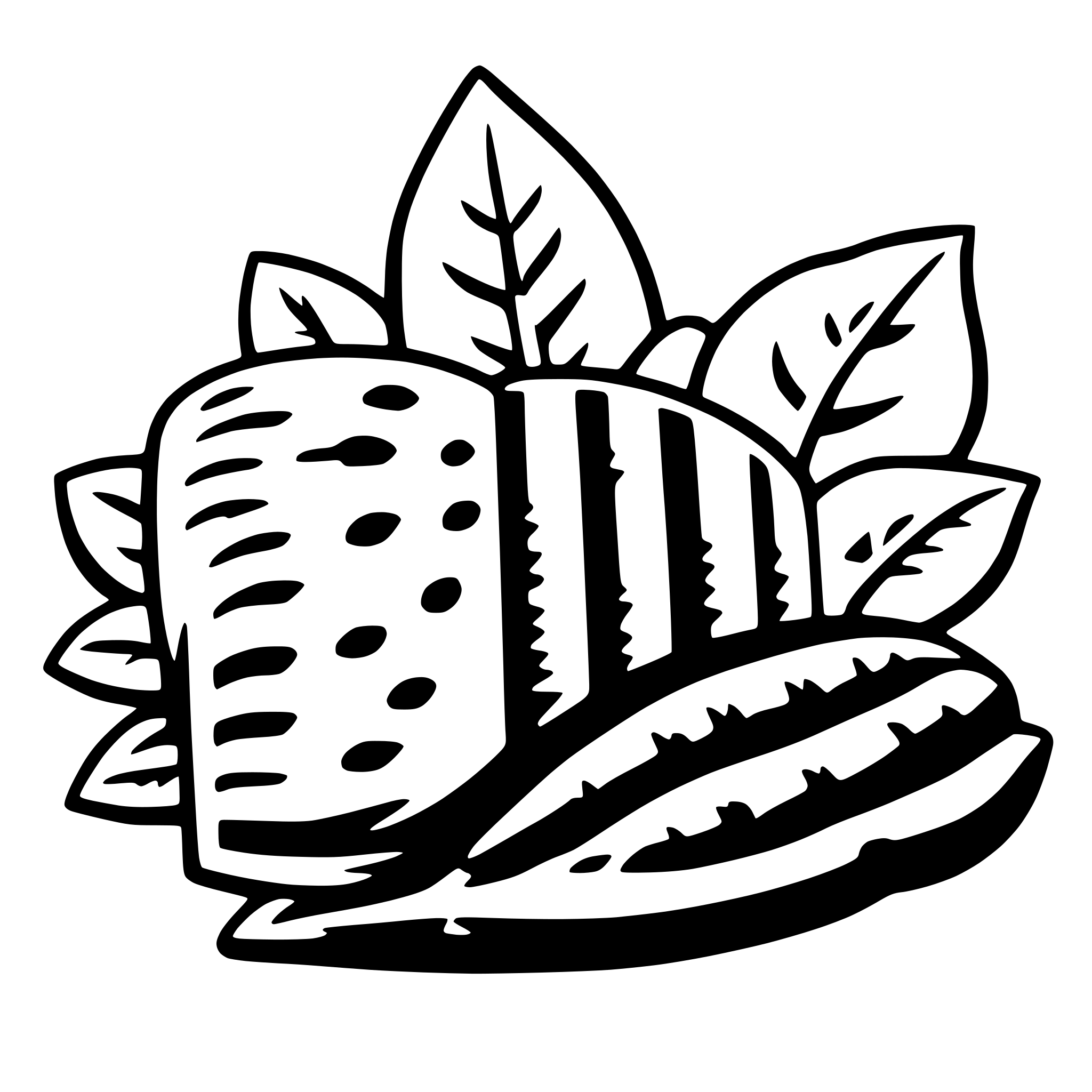 The SVG depicts a stylized, monochromatic illustration of a sandwich with a leafy garnish. The sandwich appears to be a toasted bread with a patterned surface, possibly indicating a grilled texture. The garnish consists of green leaves with a detailed vein pattern, suggesting a fresh, natural ingredient. The sandwich and garnish are arranged in a way that the leaves are spread out around the sandwich, creating a sense of abundance or freshness. The overall style is simple and graphic, with clean lines and a limited color palette. 