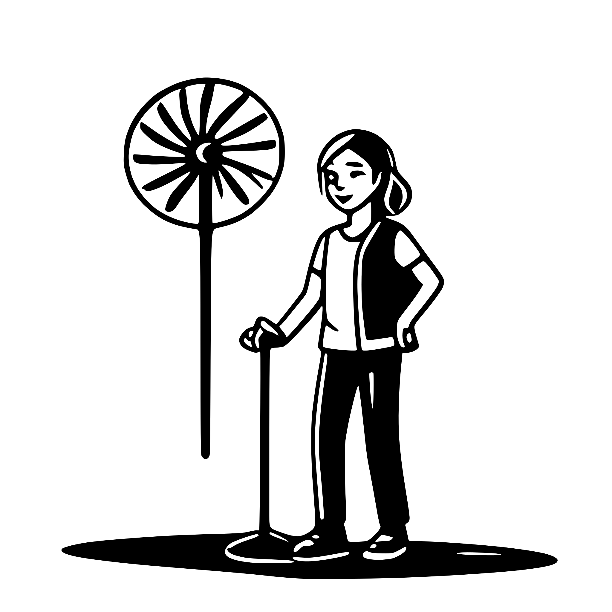 AI-generated SVG of a A doodle-style line art of a person sweating from heat, fanning themselves with a hand-held fan, sun overhead with heat waves, simple monochrome outline, minimal detail, smooth clean paths, no fill colors, white background, optimized for SVG animation.