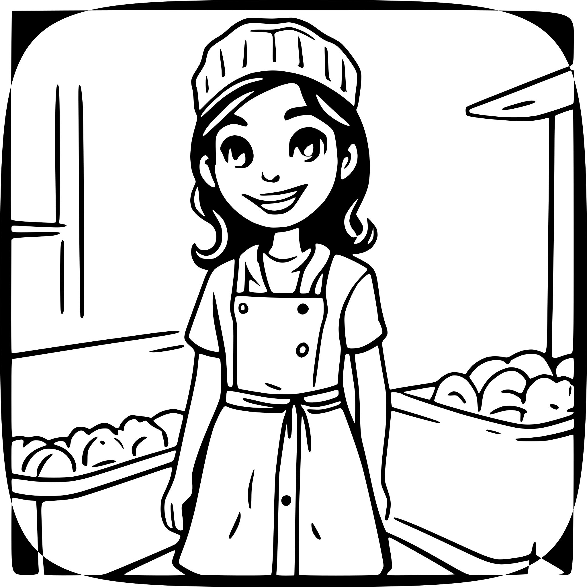AI-generated SVG of a "A full-body cartoon-style illustration of a young female baker with fair skin, long curly dark brown hair, and big expressive eyes. She is wearing a white baker's hat, a blue striped T-shirt, denim pants, and a white apron. She stands barefoot in brown sandals, smiling warmly with a friendly expression. The background is transparent or plain white. The art style should be clean vector or SVG-style, with smooth outlines, soft shadows, and a polished, professional appearance."