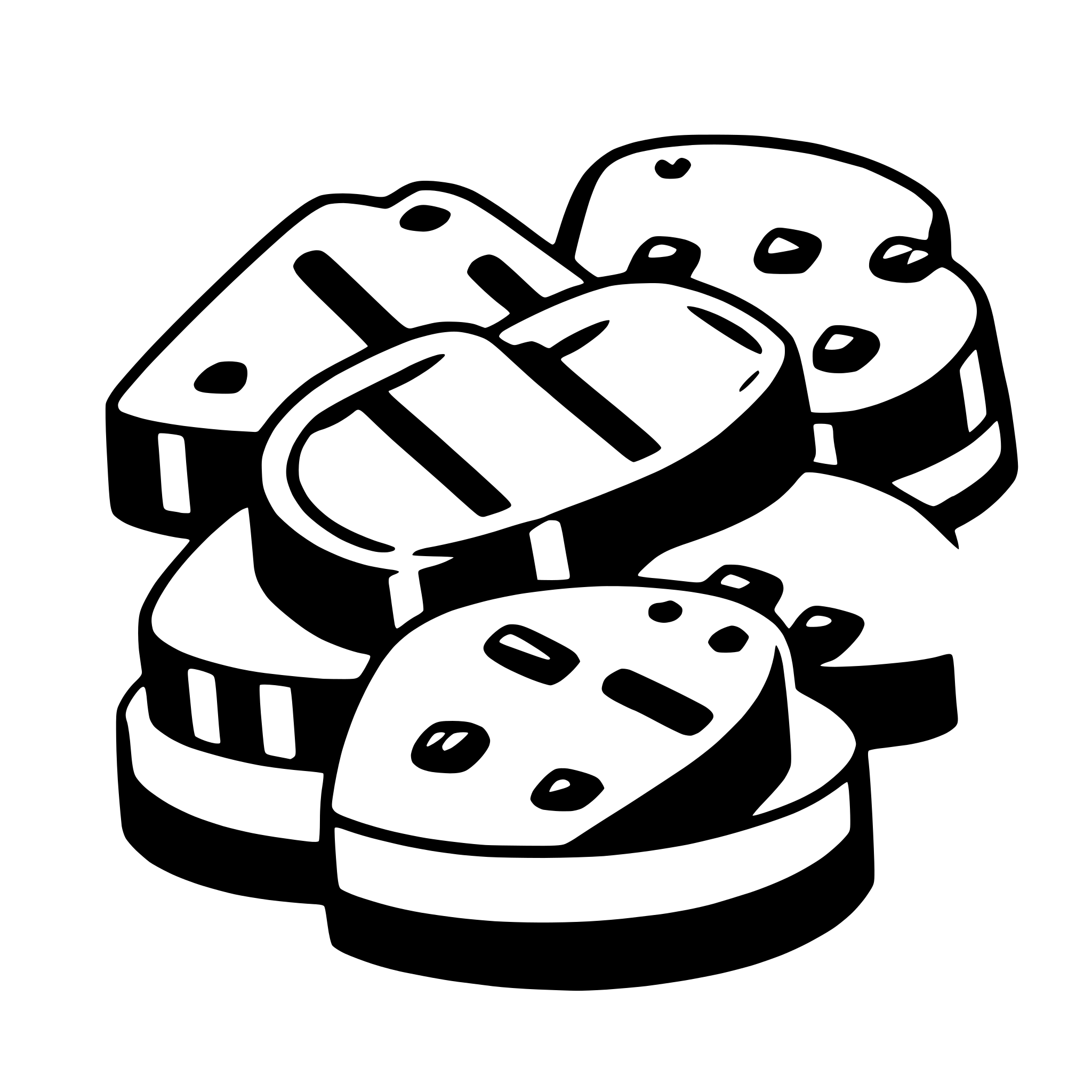 The SVG shows a stack of what appear to be slices of bread or cake, with a simple, cartoon-like style. The slices are arranged in a pile, with the top slice slightly tilted to the side, giving the impression of a casual or haphazard stack. The slices have a uniform shape, with a flat bottom and a slightly curved top, and they are outlined with a thicker line, suggesting a filling or topping. The SVG is in black and white, which emphasizes the shapes and outlines of the slices. There is no text or additional elements in the SVG. 