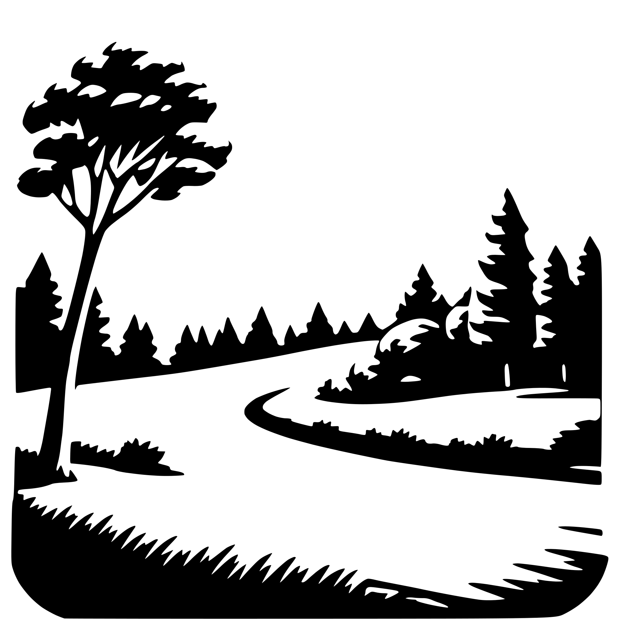 The SVG depicts a stylized, silhouette-style landscape. The main objects are a tree on the left side, a winding road that curves to the right, and a line of trees or shrubs on the right side. The background is a plain, light color, which contrasts with the darker tones of the trees and road. The tree on the left appears to be a single, tall tree with a full canopy, while the trees on the right are shorter and more spaced out. The road is depicted as a curved line, suggesting a path that meanders through the landscape. The overall impression is one of a peaceful, rural setting. 