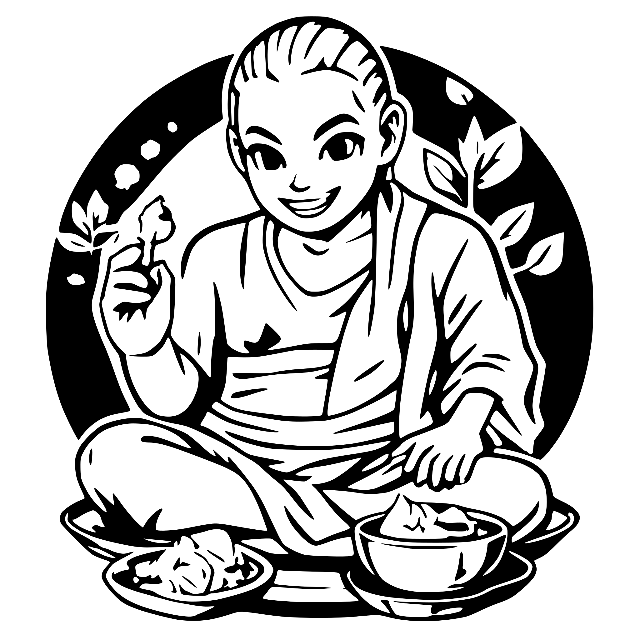 AI-generated SVG of a Generate a happy laughing Buda sitting there and presenting his big belly. in front of him is a pot and a plate with leftovers