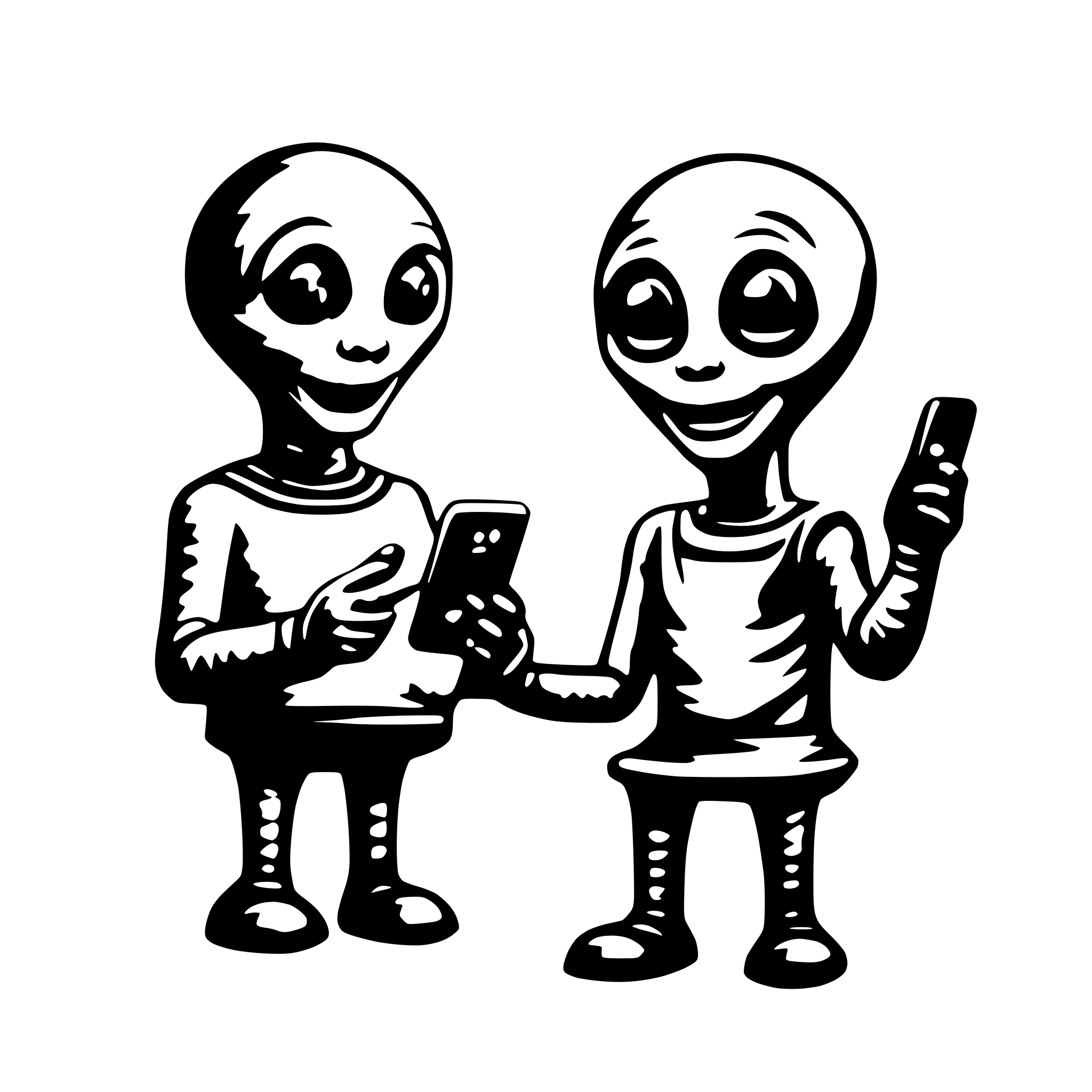 AI-generated SVG of a friendly alien with smartphone