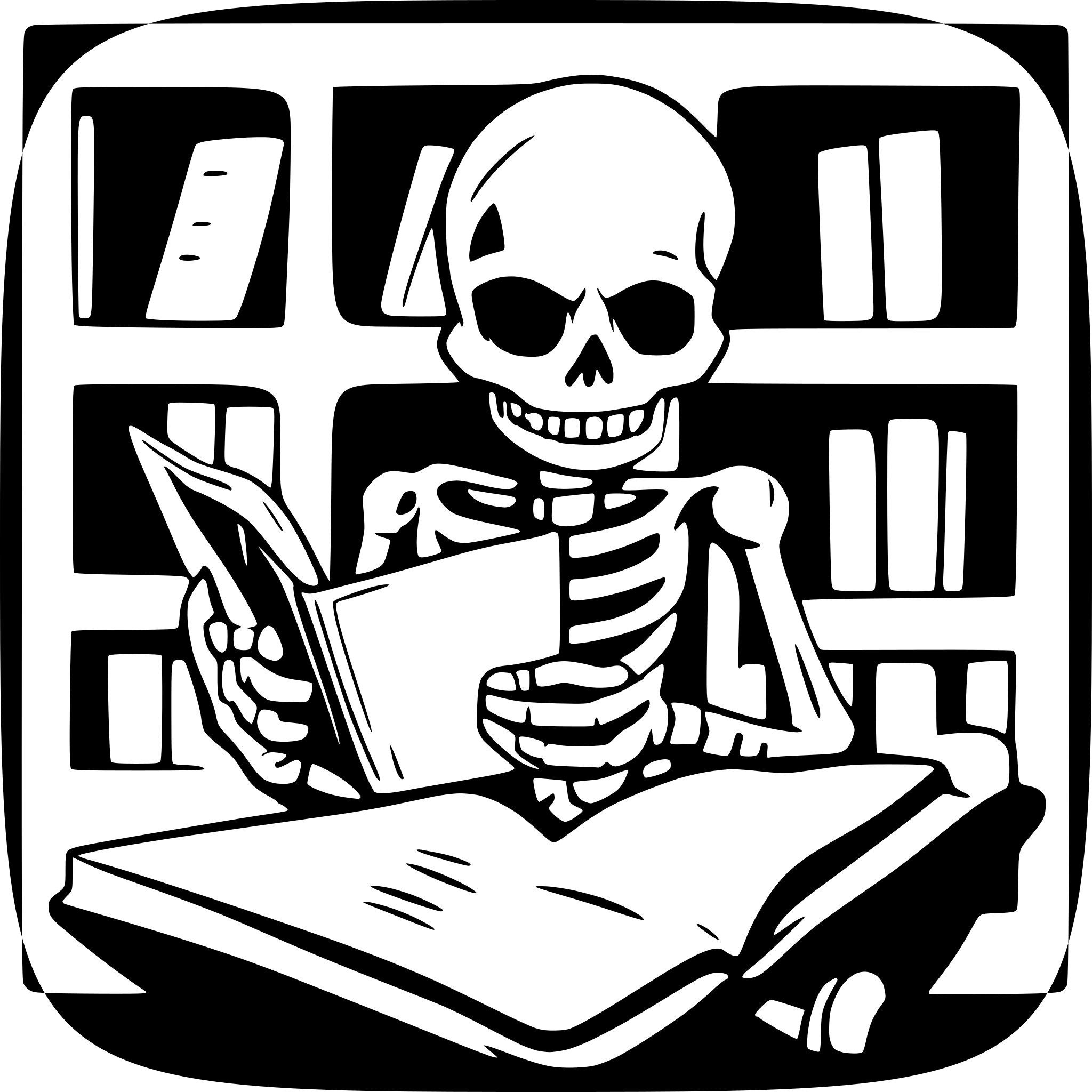 AI-generated SVG of a skeleton reading a book