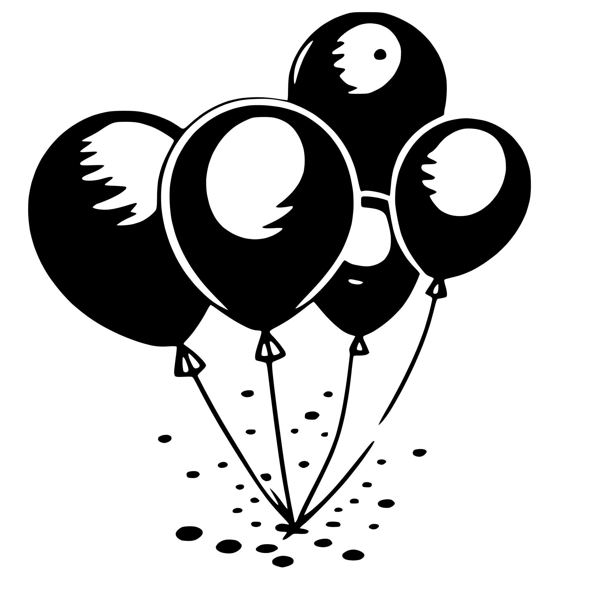 The SVG depicts a group of black balloons with white faces, tied together by strings. The balloons are floating in the air, and there are small black dots scattered around the bottom of the SVG, suggesting a ground surface. The balloons are arranged in a way that they appear to be rising or floating upward. 