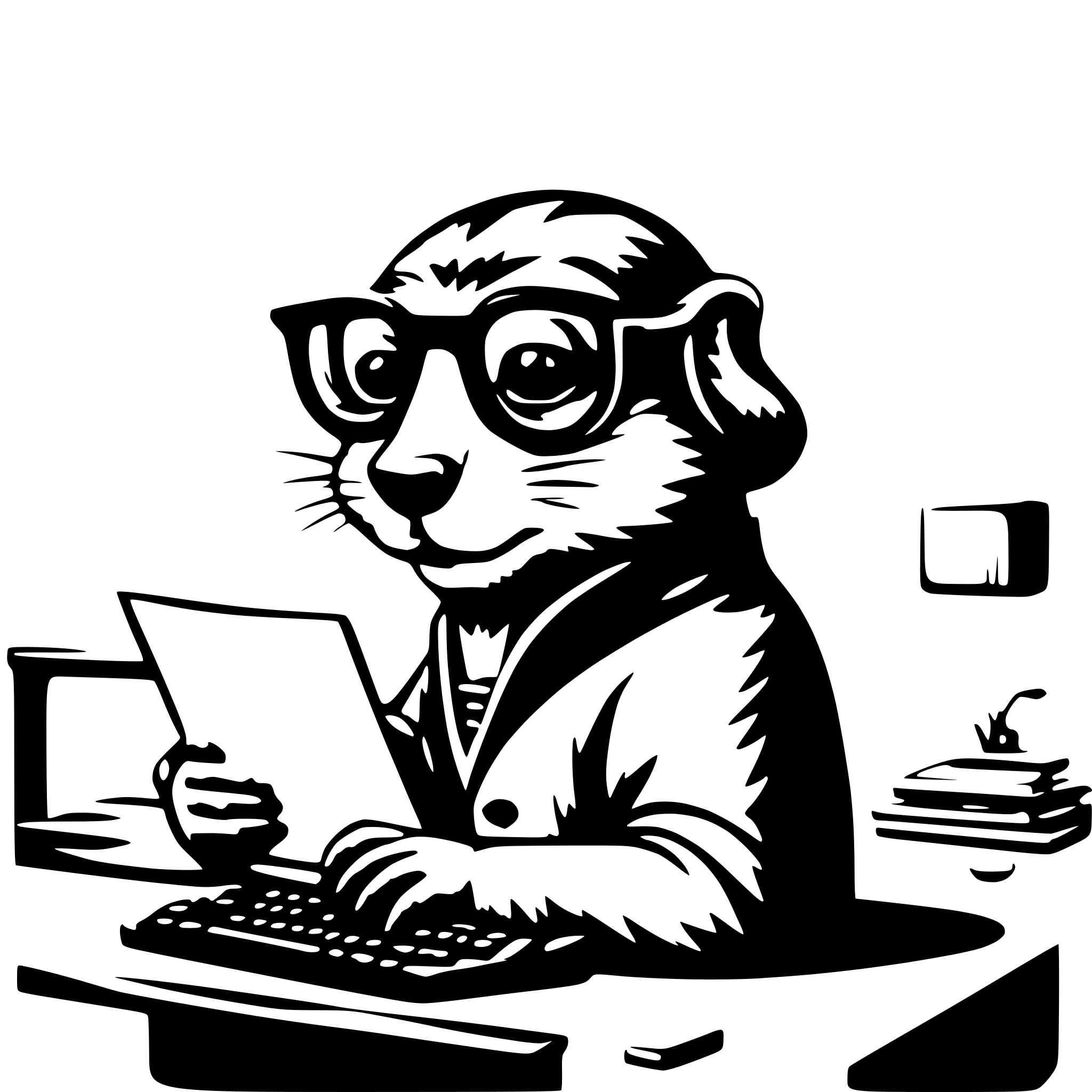 AI-generated SVG of 'A cute smart beaver programmer, in very big huge thick glasses, with very small eyes, almost blind, is trying to write something on the keyboard, sitting in front of a laptop. In the background behind there are many complex software links with arrows, schemes, computer concepts and connecting lines.'