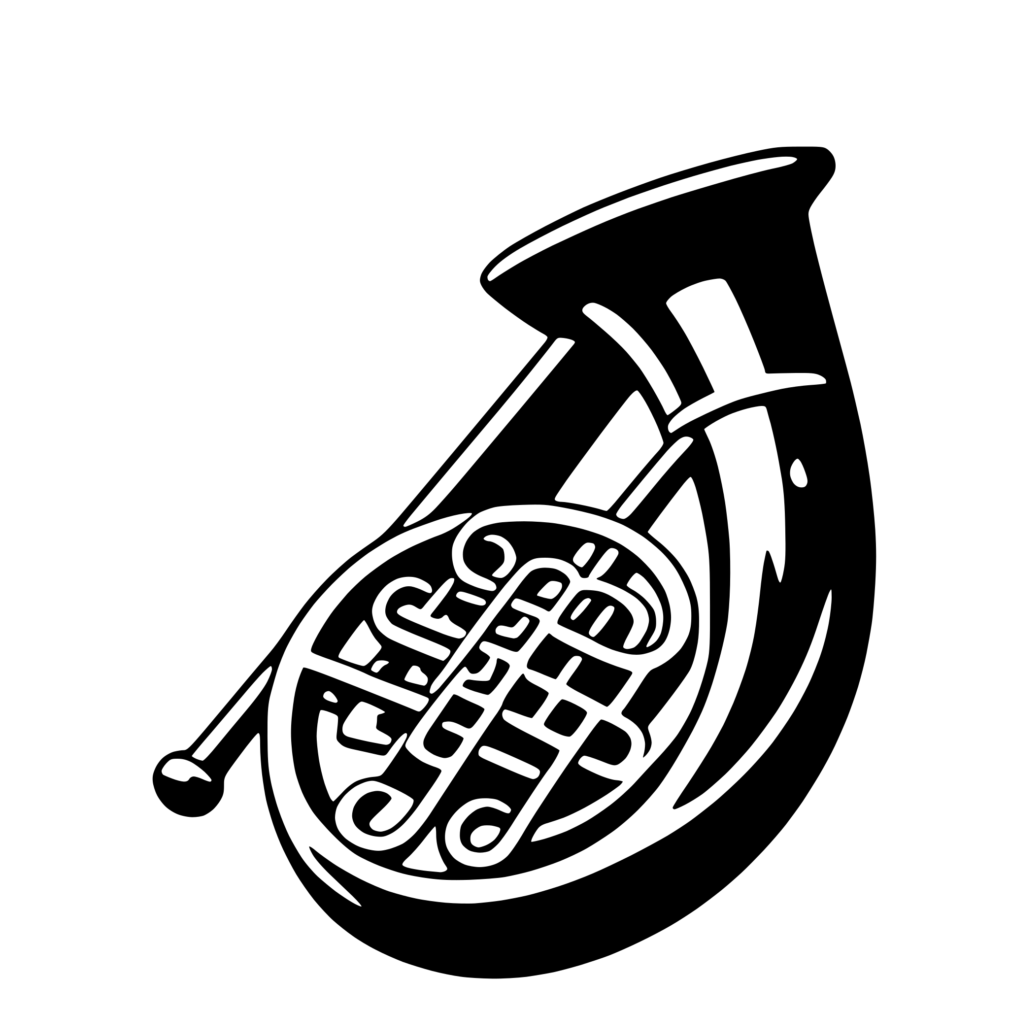 The SVG shows a stylized black and white illustration of a tuba. The tuba has a curved body with a flared bell at the bottom, and a narrower section that tapers to a point at the top. There is a valve mechanism visible on the side of the tuba, which is typical for brass instruments. The tuba is depicted in a simplified, graphic style with clean lines and no shading, giving it a modern and iconic appearance. 