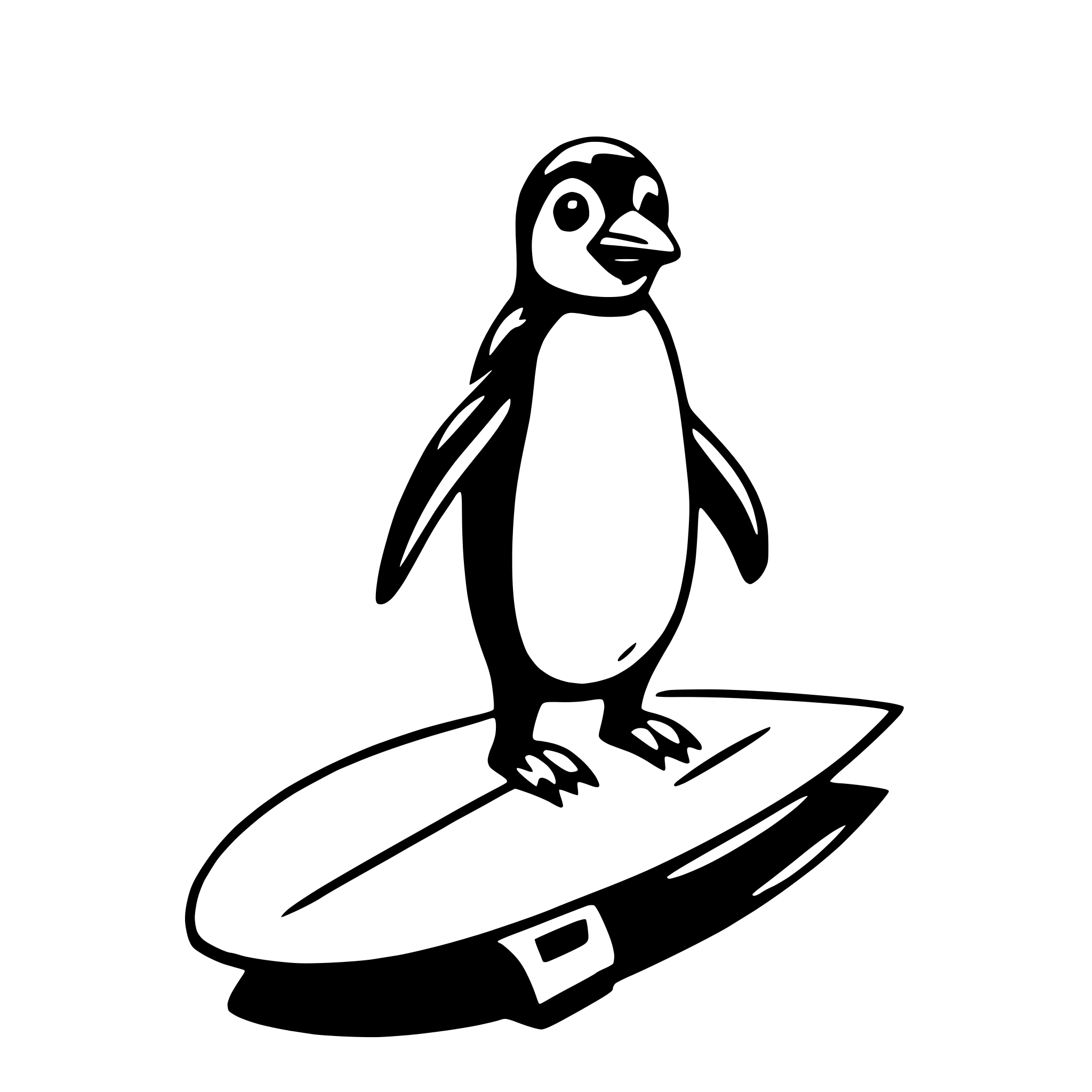 The SVG depicts a stylized black and white line drawing of a penguin standing on a surfboard. The penguin is facing the viewer with its beak open, as if it is speaking or singing. The surfboard is positioned horizontally, and the penguin's feet are placed on the front edge of the board. The SVG is simple and cartoonish, with no additional background details or text. The penguin and surfboard are the main objects, and there is no interaction between them, as they are stationary in the SVG. 