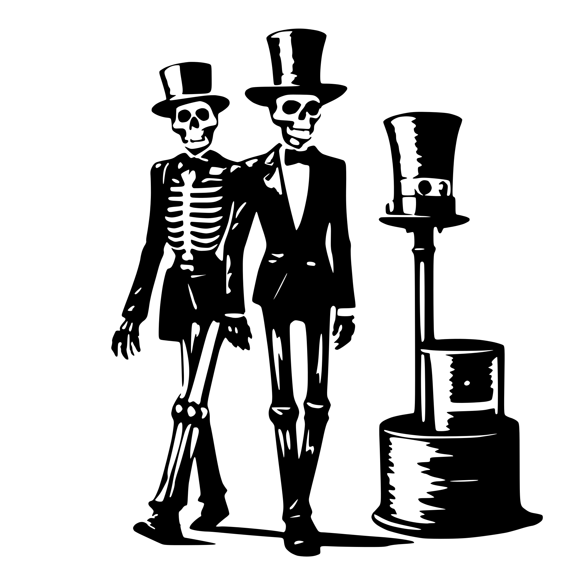 AI-generated SVG of 'a skeleton with hat cylinder and a suits going with a ca for a walk'