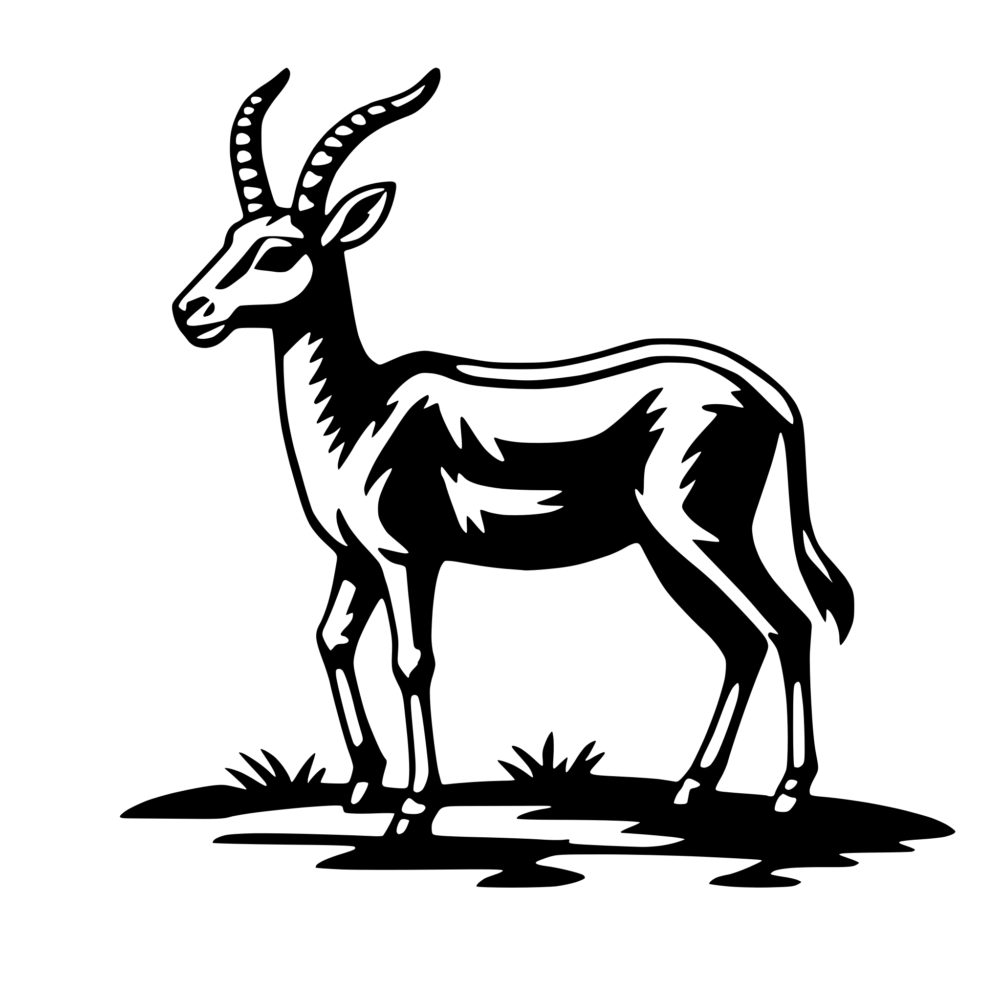The SVG shows a stylized black and white illustration of a goat. The goat is depicted standing on all fours, with its head turned slightly to the left. It has two long, curved horns, a prominent nose, and a simple, curved tail. The goat is set against a plain background, and there are no other objects or interactions depicted in the SVG. The style of the illustration is minimalistic and appears to be designed for a logo or icon, given its simplicity and lack of detail. 