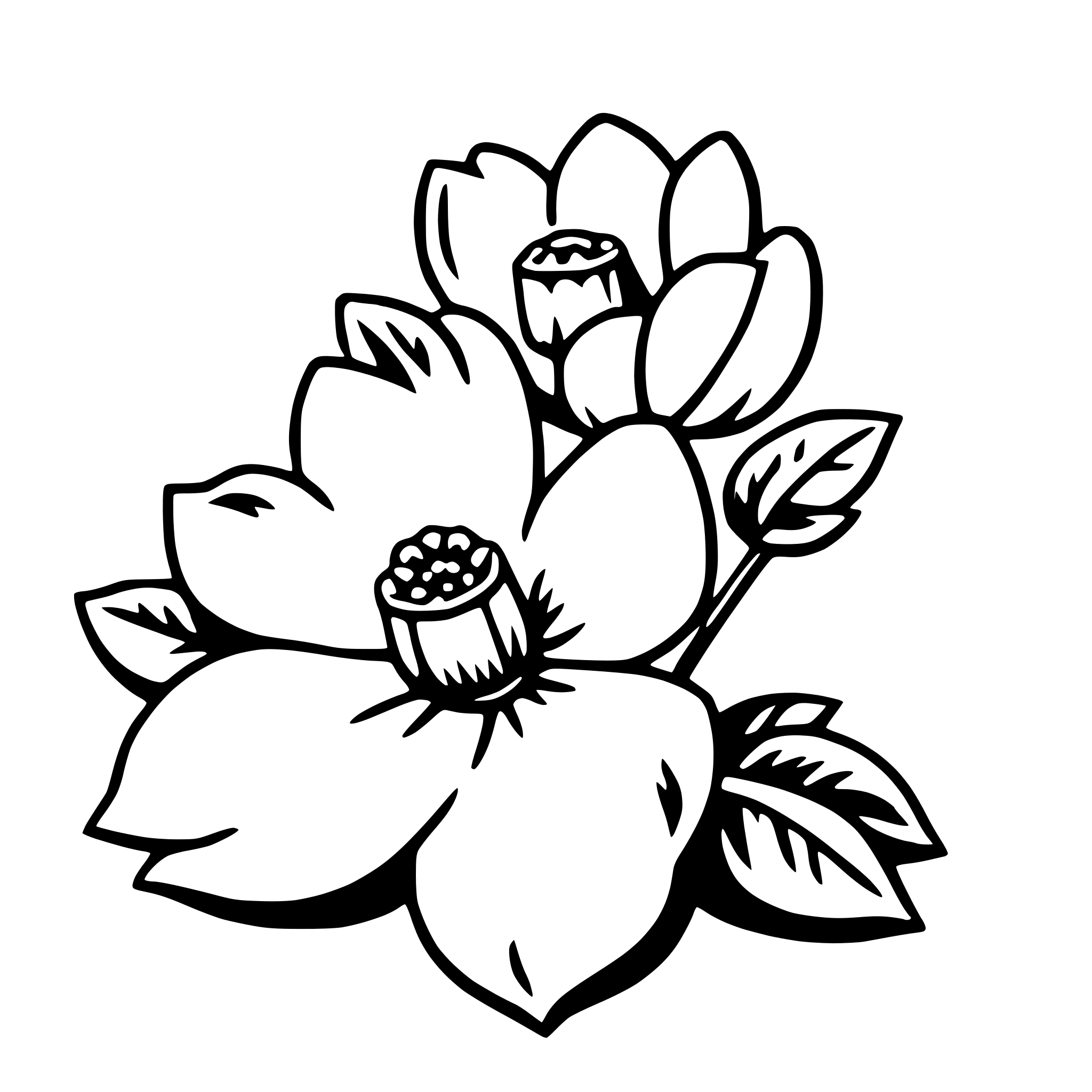 The SVG depicts a stylized floral arrangement. At the center, there is a large, white flower with multiple layers of petals that are slightly curled at the edges. The flower has a prominent, darker center with a pattern that could be interpreted as a cluster of small, dark shapes, possibly representing seeds or a similar detail. Surrounding the central flower are several smaller flowers, each with a similar structure but with less detail. These smaller flowers are also white and have a darker center. The leaves of the flowers are green and have a simple, elongated shape with a pointed tip. The leaves are arranged around the flowers, creating a natural, organic appearance. The overall style of the SVG is clean and minimalistic, with a focus on the shapes and outlines of the flowers and leaves. 